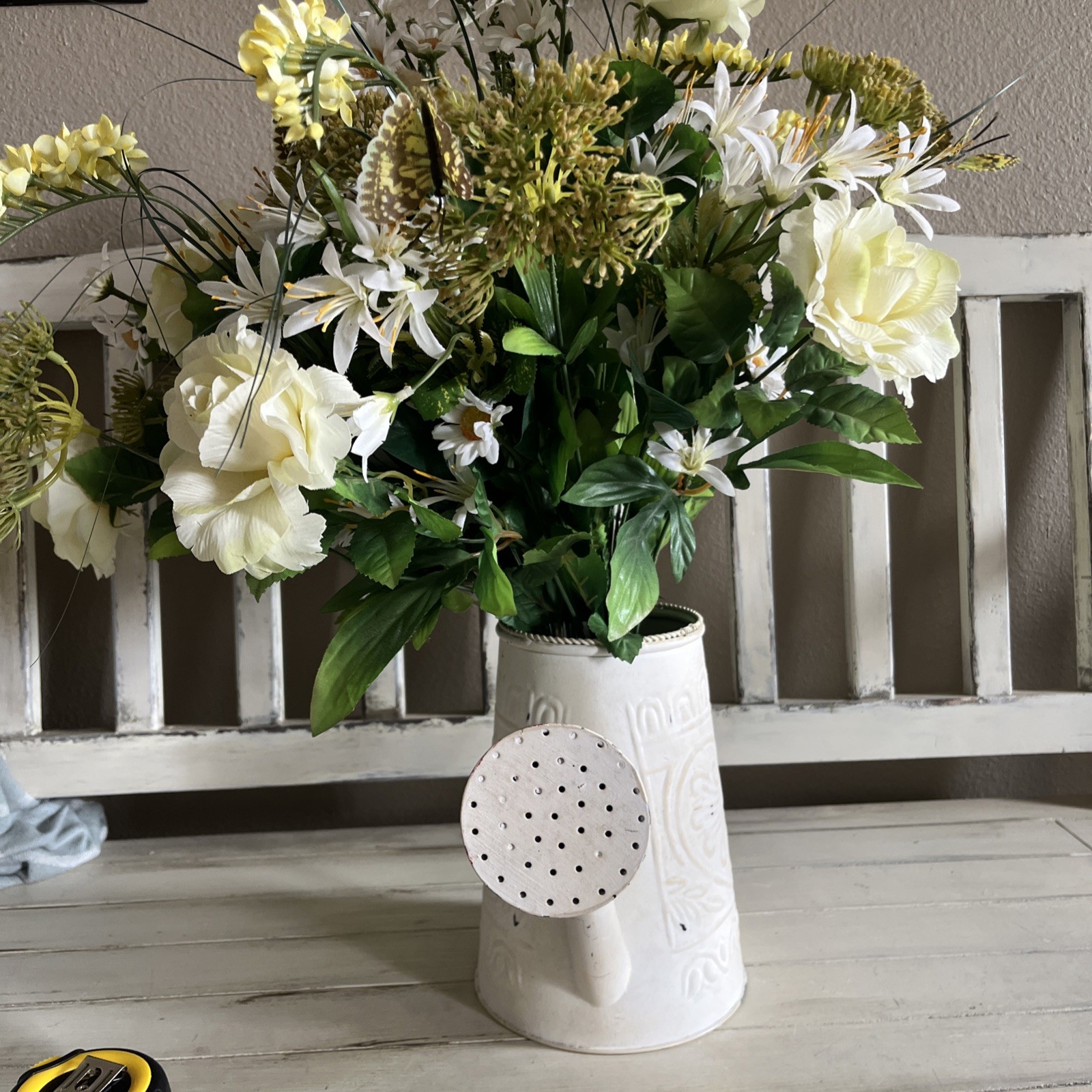 Vintage Artificial Flower Bouquet And Watering Can Large 24” Tall Cottagecore