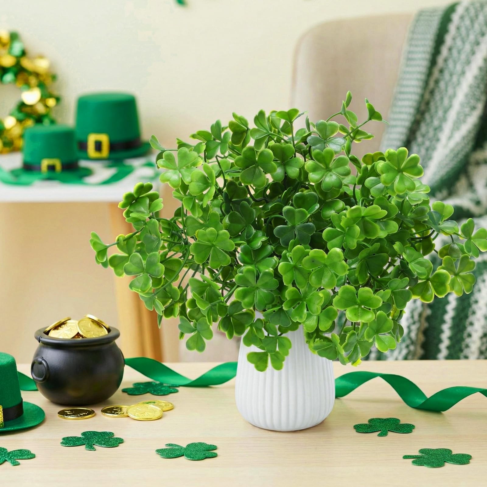 3 Pcs Artificial Shamrock Flower Bush Faux Three Leaf Clover Plants for St Pa…