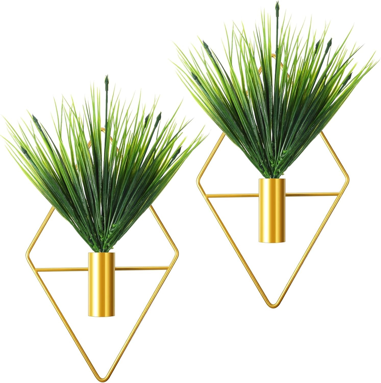 2 Pieces Gold Wall Decor Hanging Planters W/ Artificial Plants Metal Vase Indoor