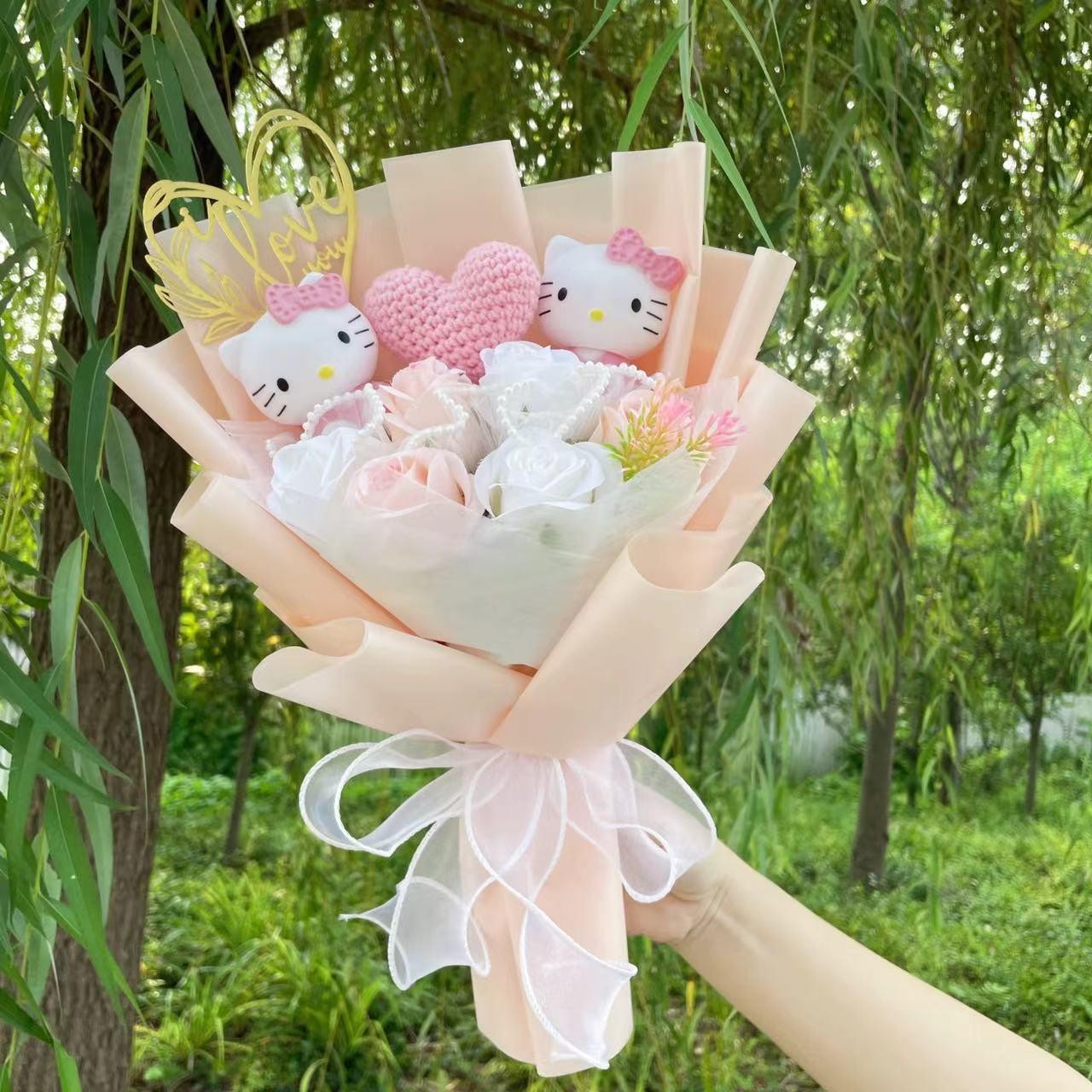 Cat Dolls with Artificial Flowers Creative Bouquet Christmas Valentine Birthday