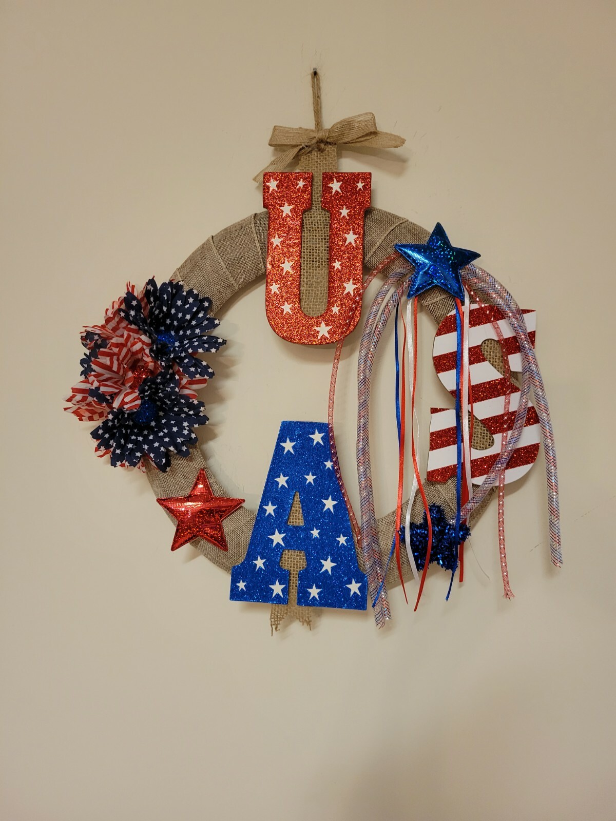 USA sparkling red white blue burlap Door WREATH patriotic 4th of July fireworks