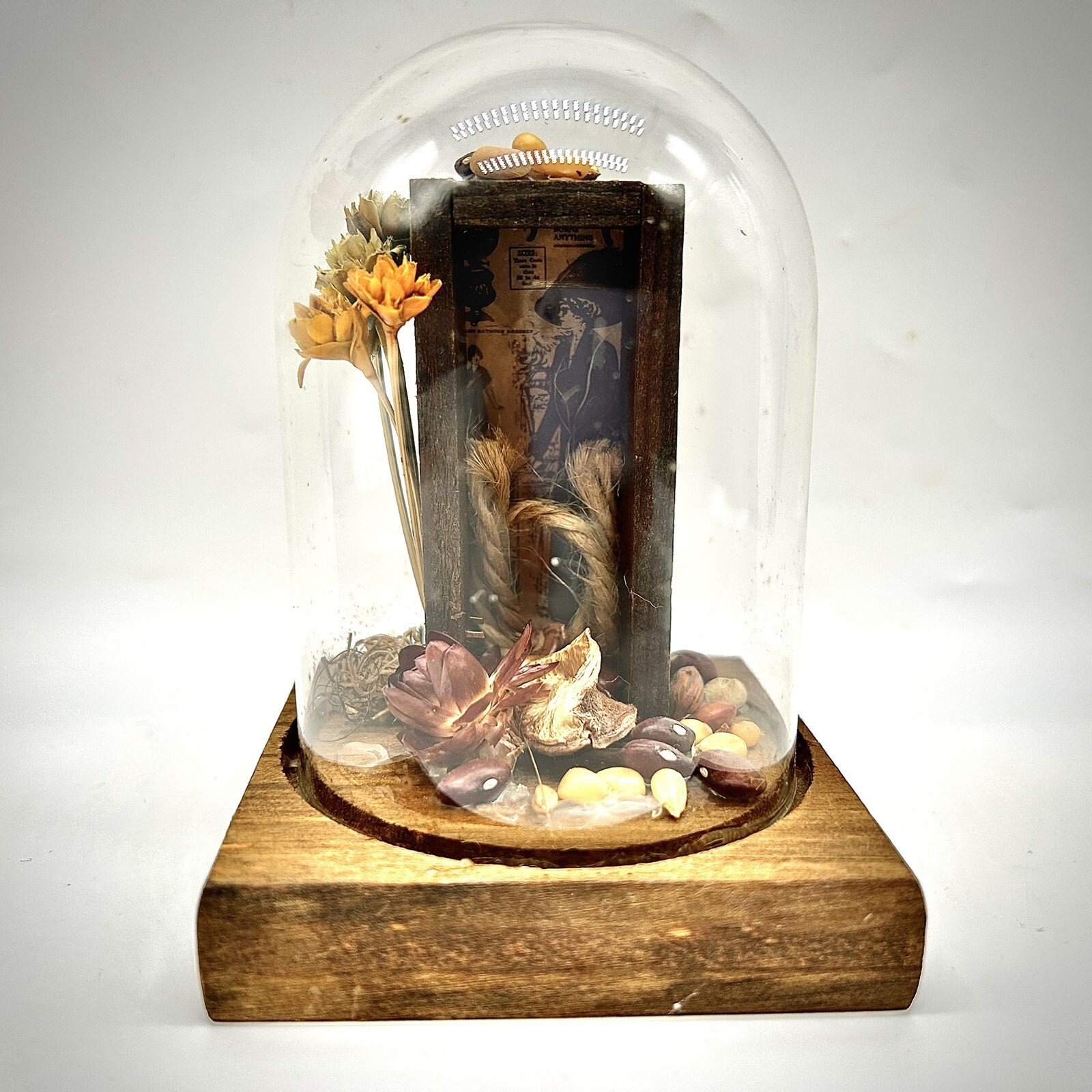 Vintage Leonard Creations California Glass Dome Cloche Dried Flowers Shadow box