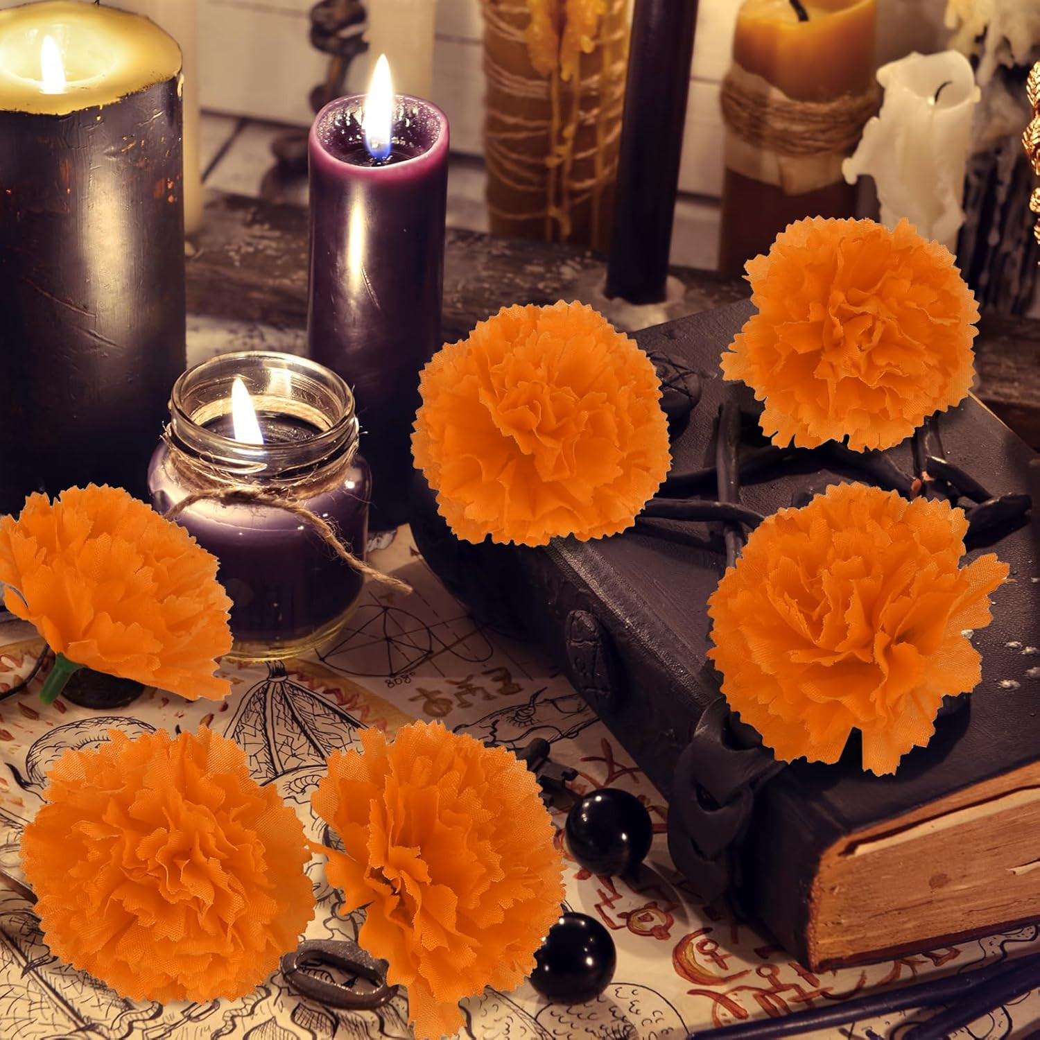 50 Pcs Artificial Marigold Flowers,2″ Silk Marigold Flower Heads with Stems,Oran