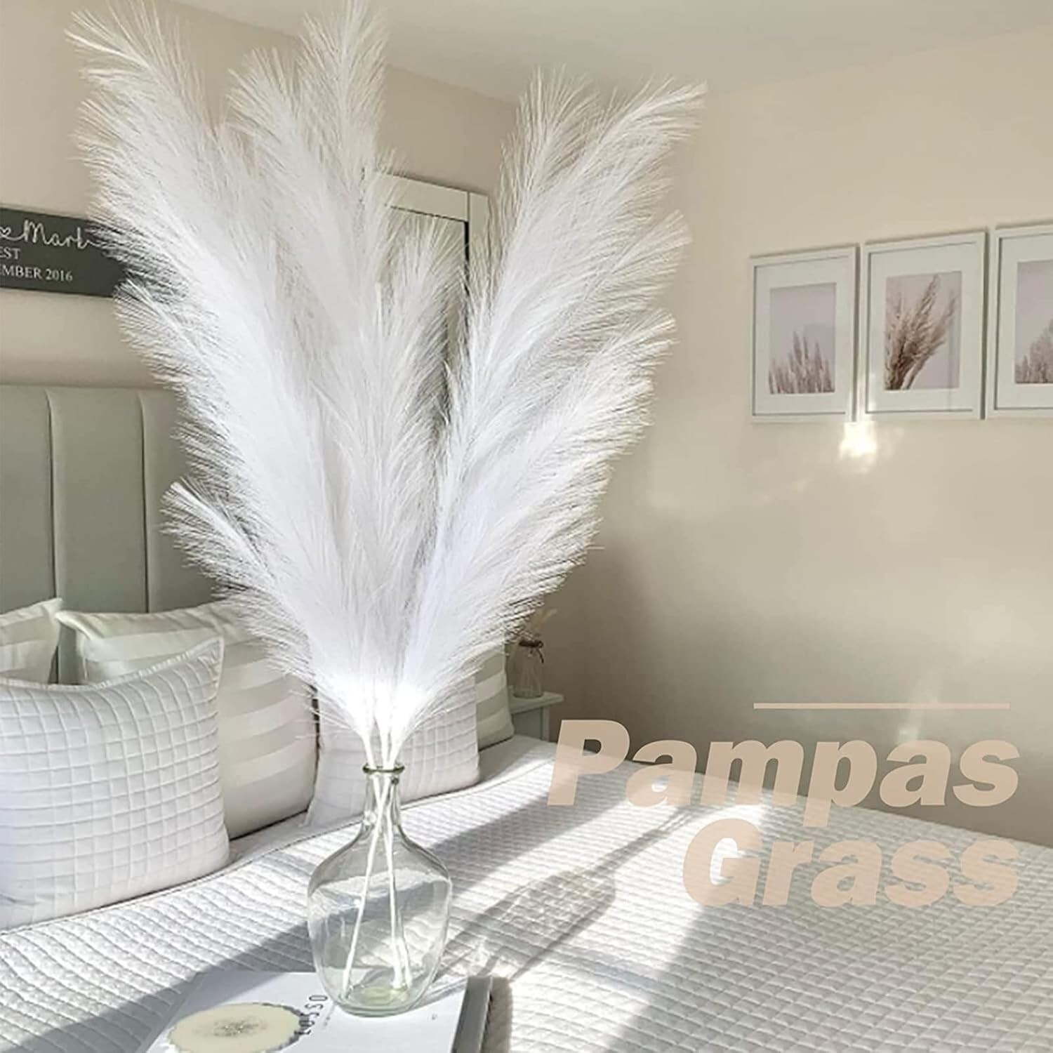43″ Fake Dried Pampas Grass, 4 Pcs Natural Fluffy White Faux Pompous Grass, T…
