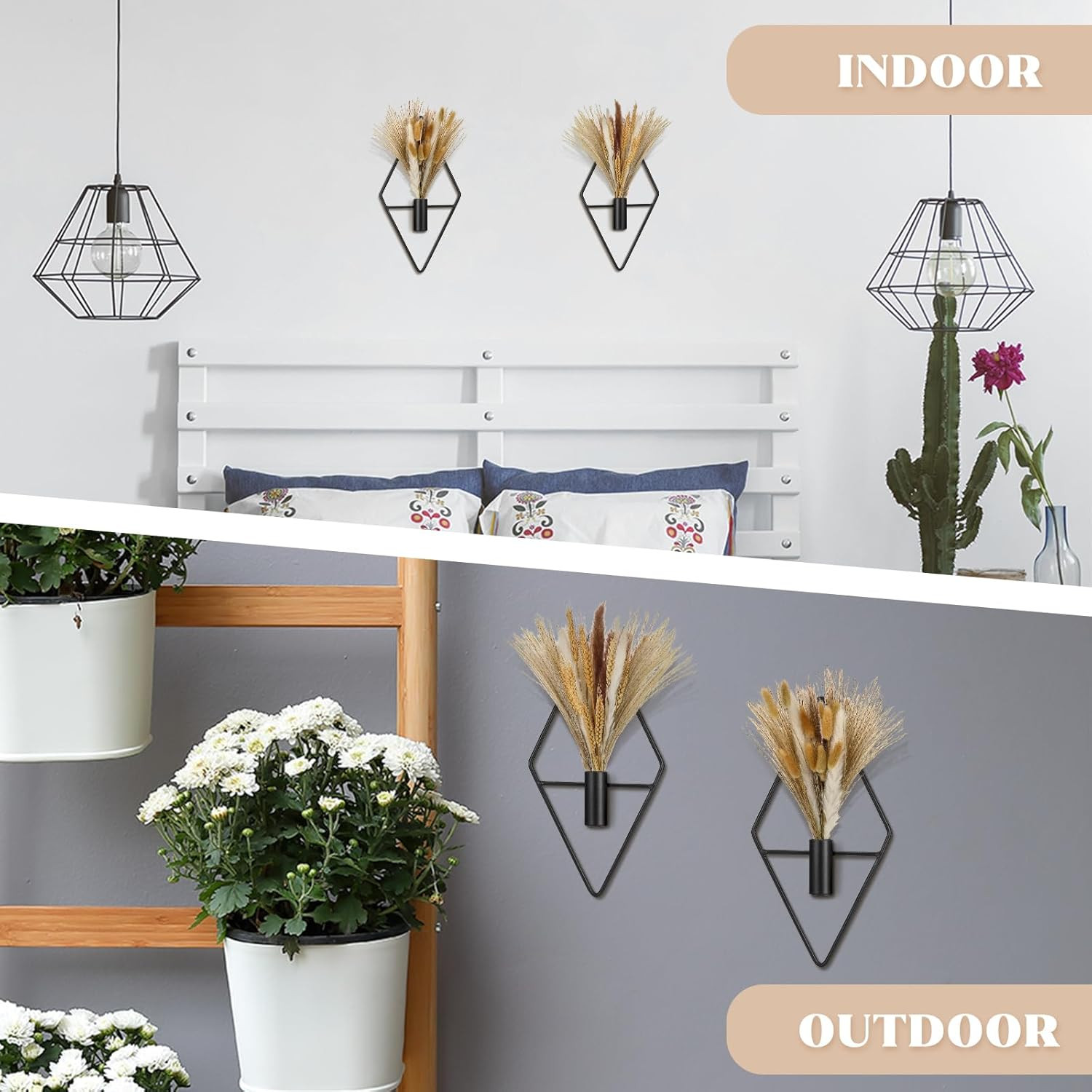 2 Pcs Small Boho Wall Decor Hanging Planters with Artificial Pampas Metal Wall A
