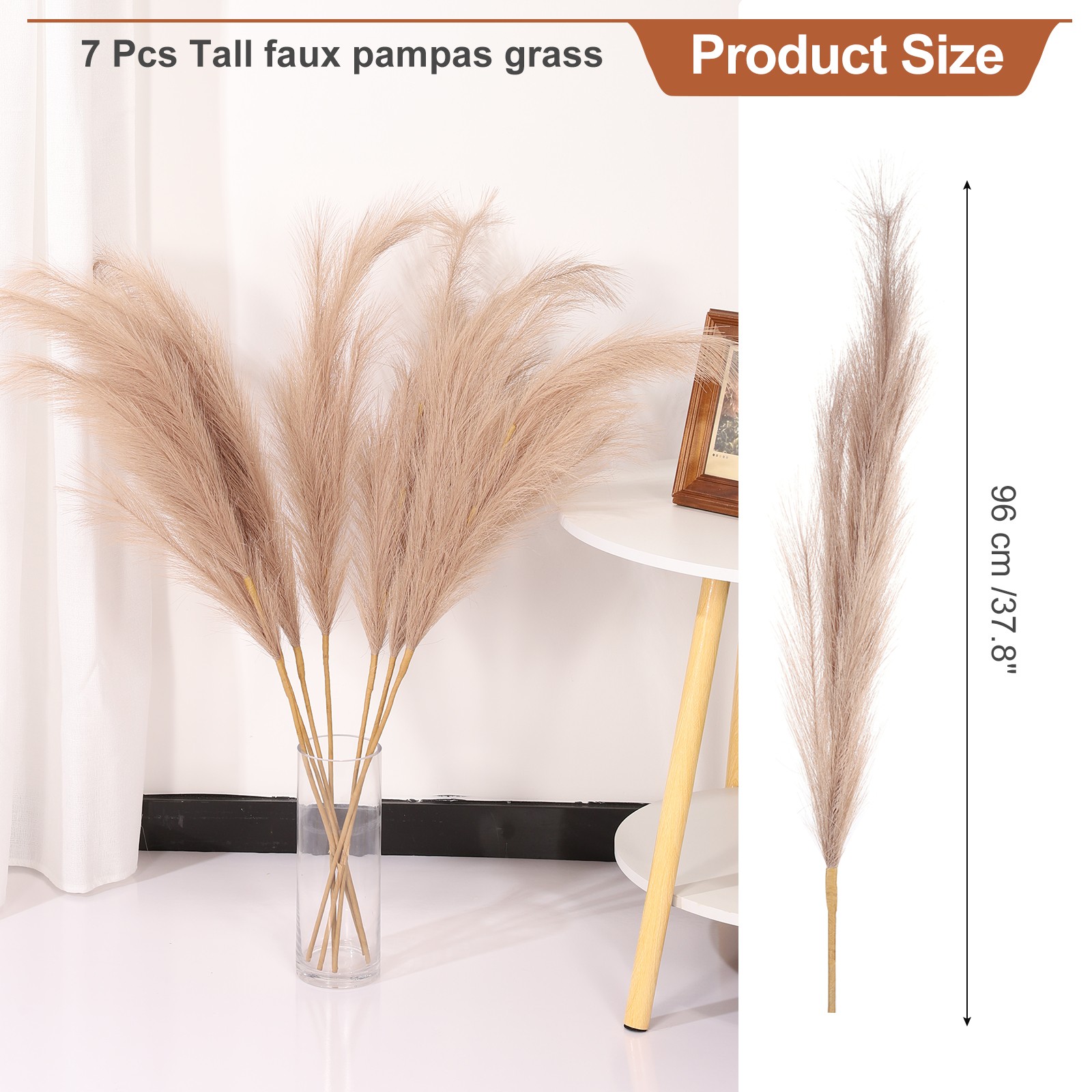 37.8in Pampas Grass Decor, 7 Pcs Artificial Pampas Grass Bulk, Brown