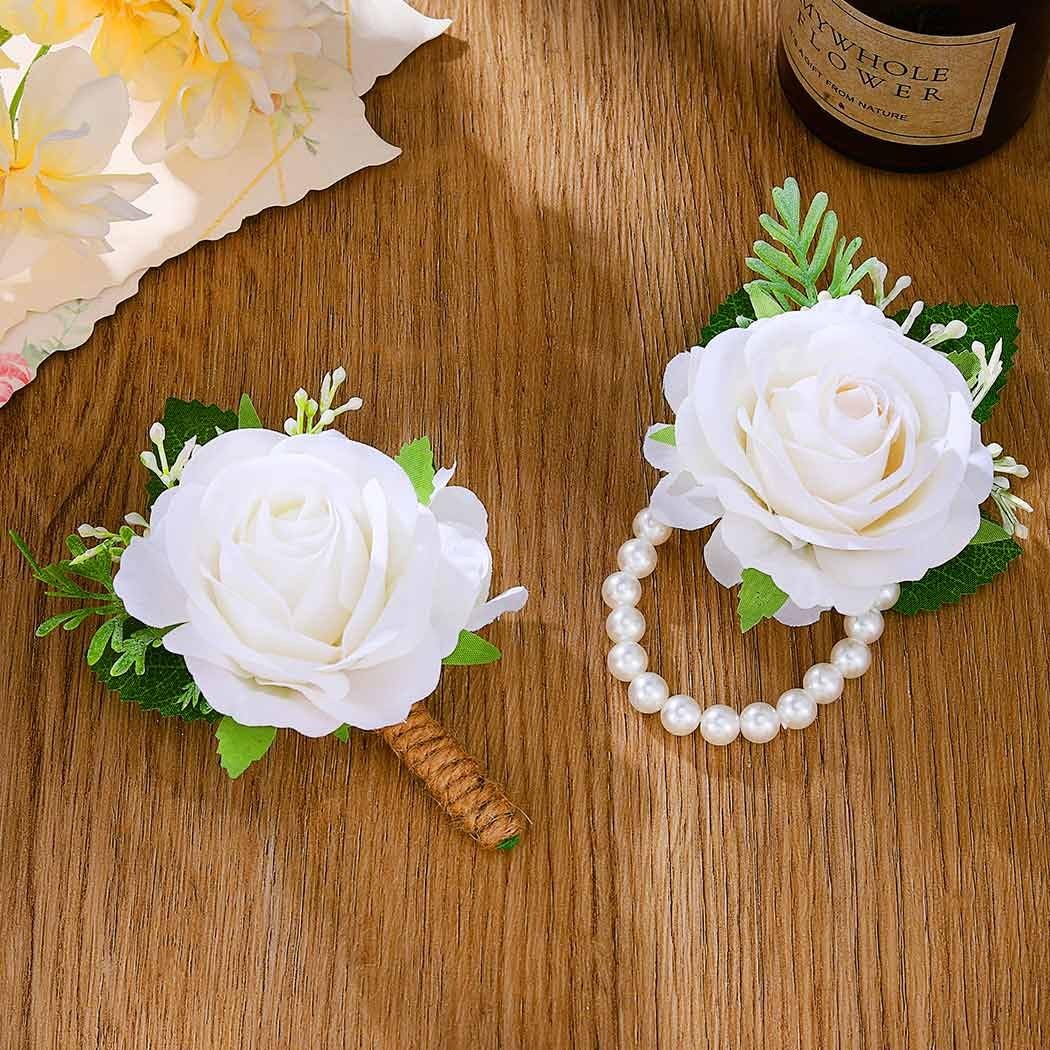 Rose Wrist Corsage Boutonniere Set Flower Wristlet Wedding Prom White Decor