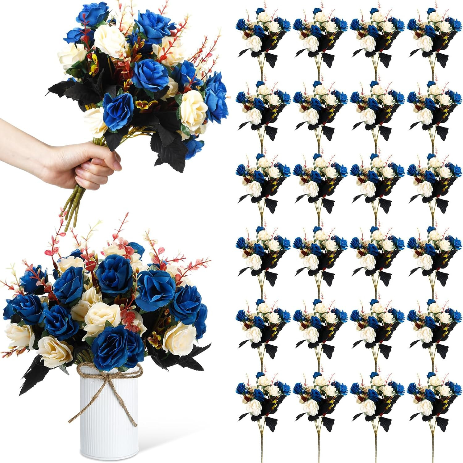 Dark Blue Silk Roses – 24 Bunches Faux Flower Centerpiece for Wedding Decor