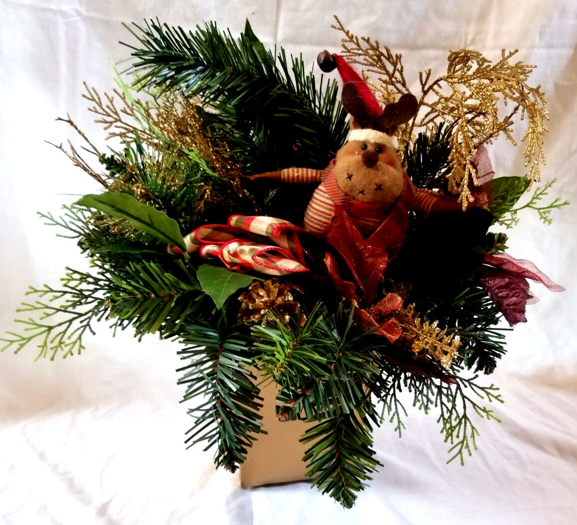 Xmas Floral Arrangement w Cloth Reindeer Accent 14″ x 13″ Table Desk Centerpiece