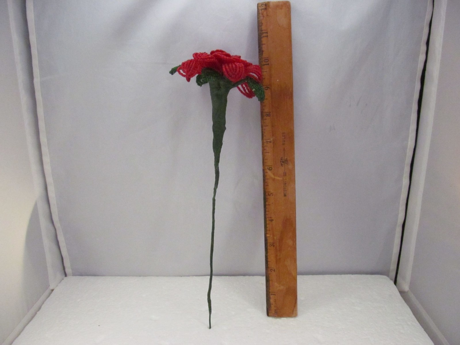Handcrafted Red & Green French Beaded Flower with Stem Home Decor Gift 11 inch