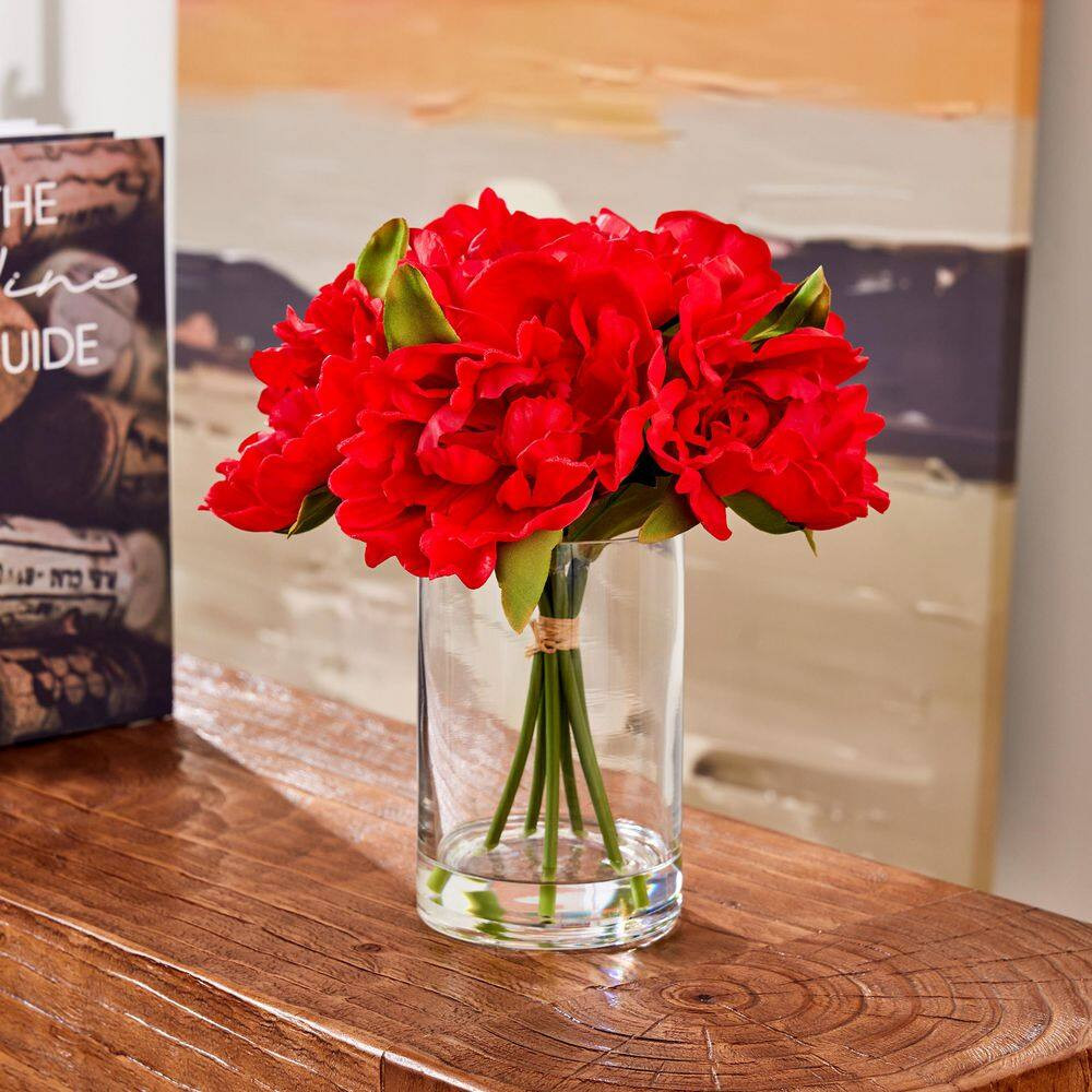 Faux Series 11 In. Red Indoor Artificial Silk Peony Bouquets with Stems for Home