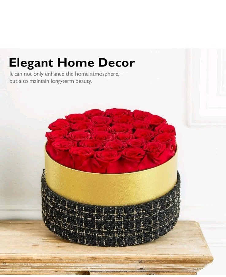 Eterfield Forever Flowers 27-Piece Preserved RED Roses in Round Gold Black Box