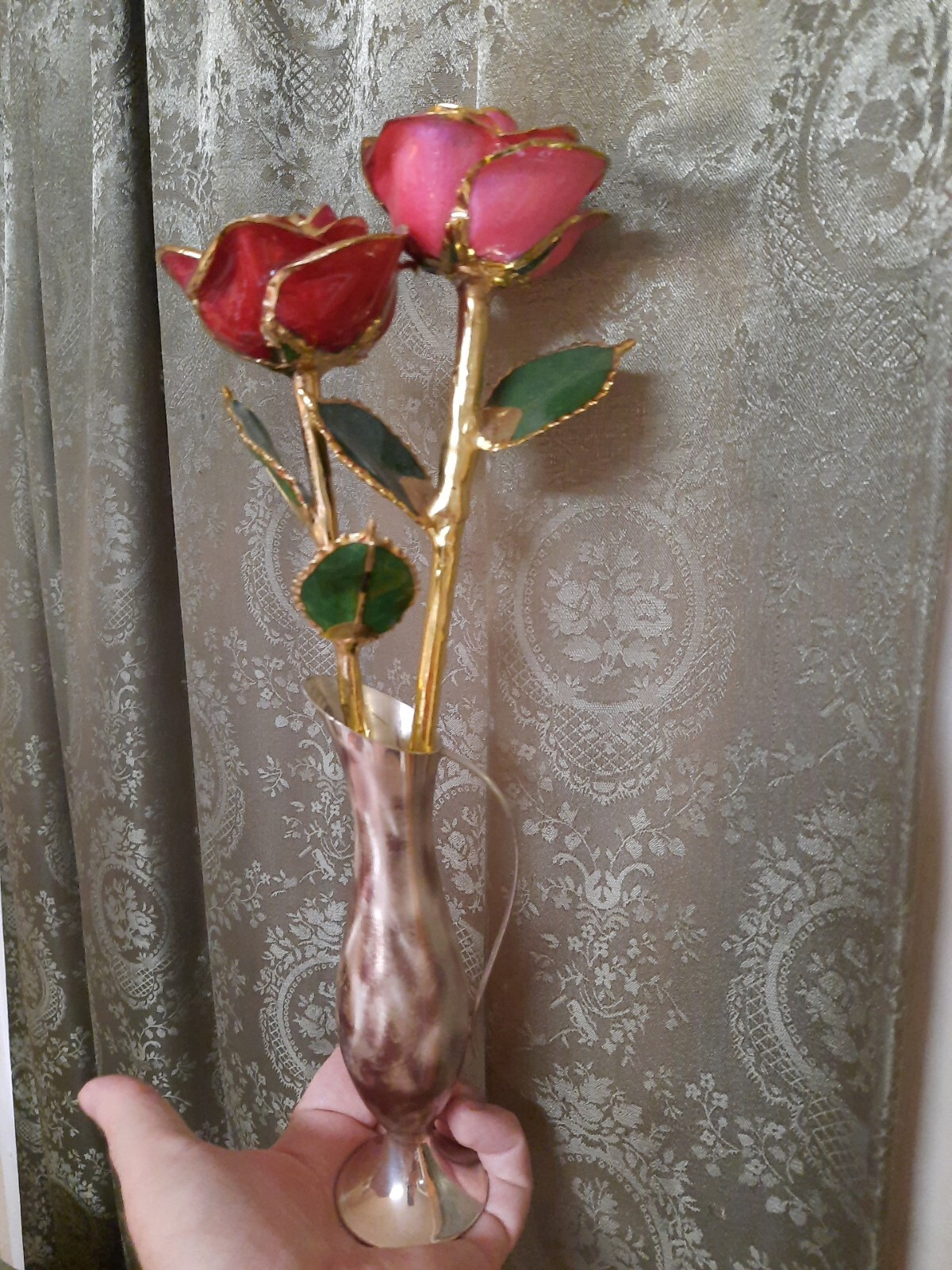 Lot Set 2 Gilded Metallic Roses Dipped In Ikora Mid-Century Vase Retro Decor