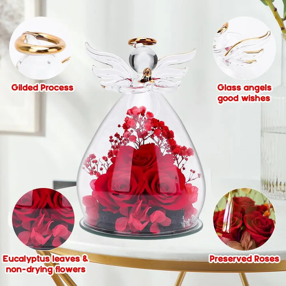 Wholesale Angel Rose in Glass Dome – Gilded angel figurines guardian angel