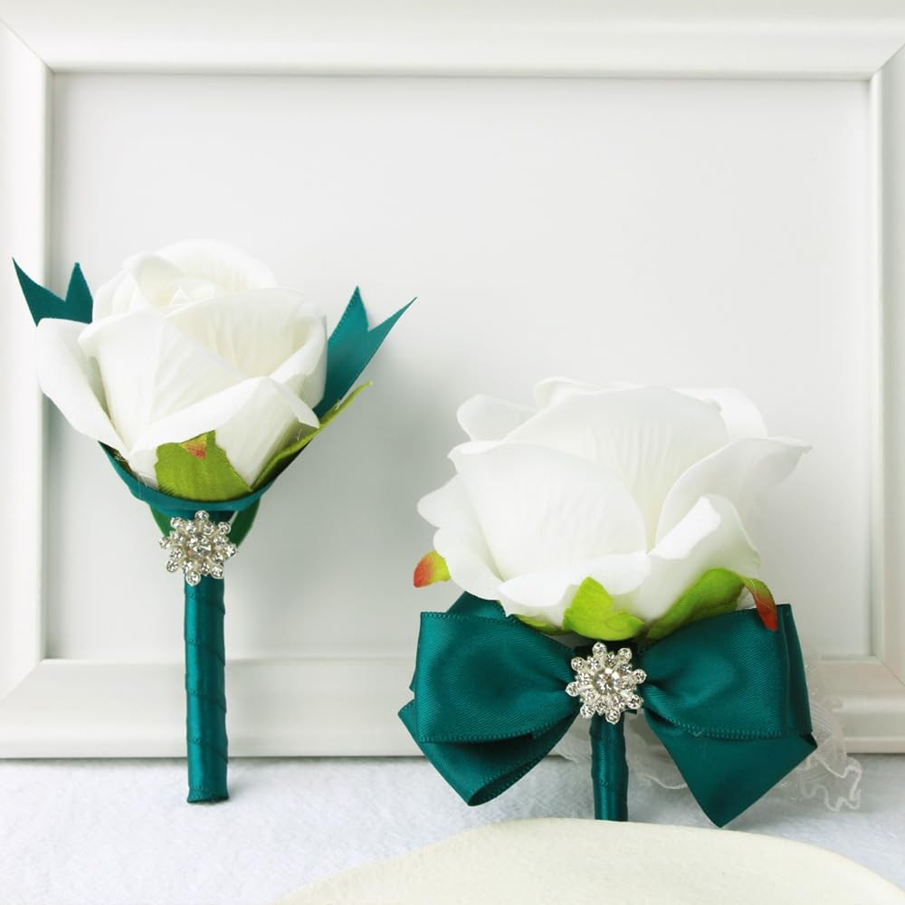 2 PCS Wrist Corsage Rose Boutonniere Set Bride Groom Prom Green White