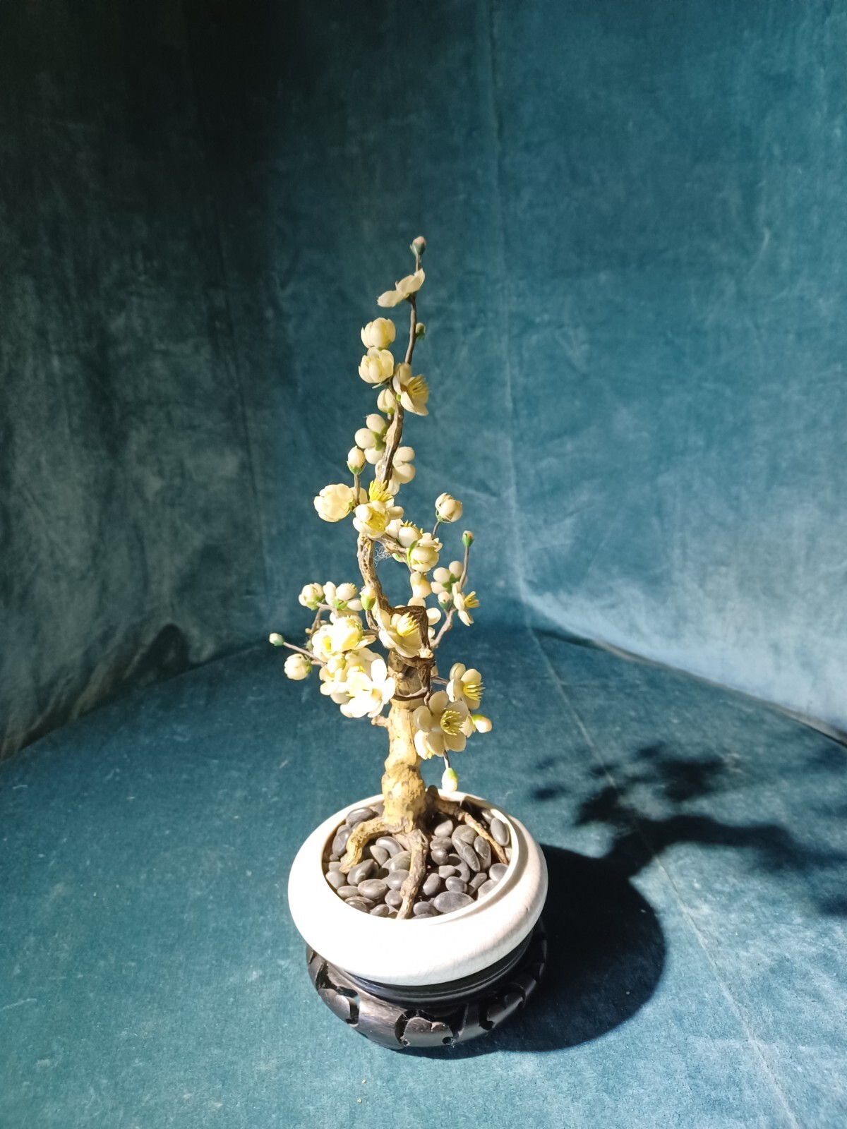 Bonsai Tree Vintage Retro 14″ Artificial Plum Blossom ceramic pot wood pedestal