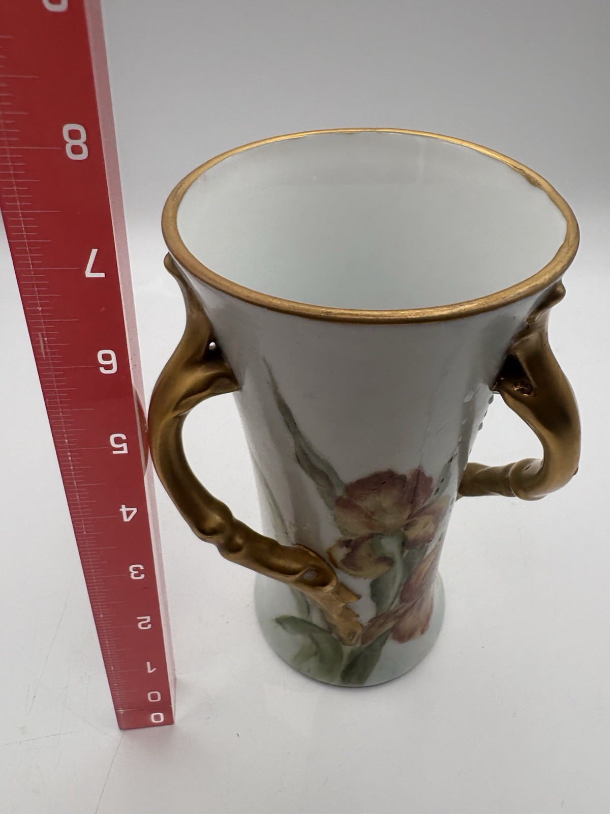 White Ceramic Floral vase with Gold Trim triple Handles, Pink Green Flowers
