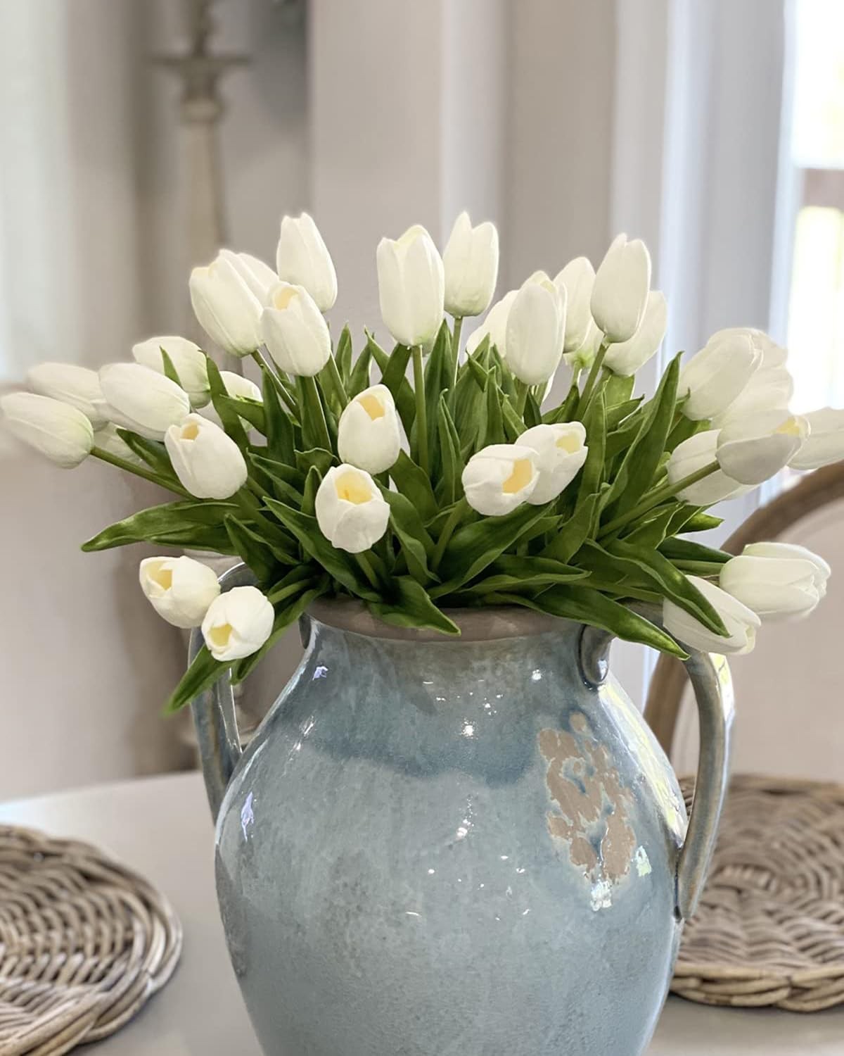 White Tulips Artificial Flowers 18Pcs Faux Silk Tulip Real Touch Tulip Fake F