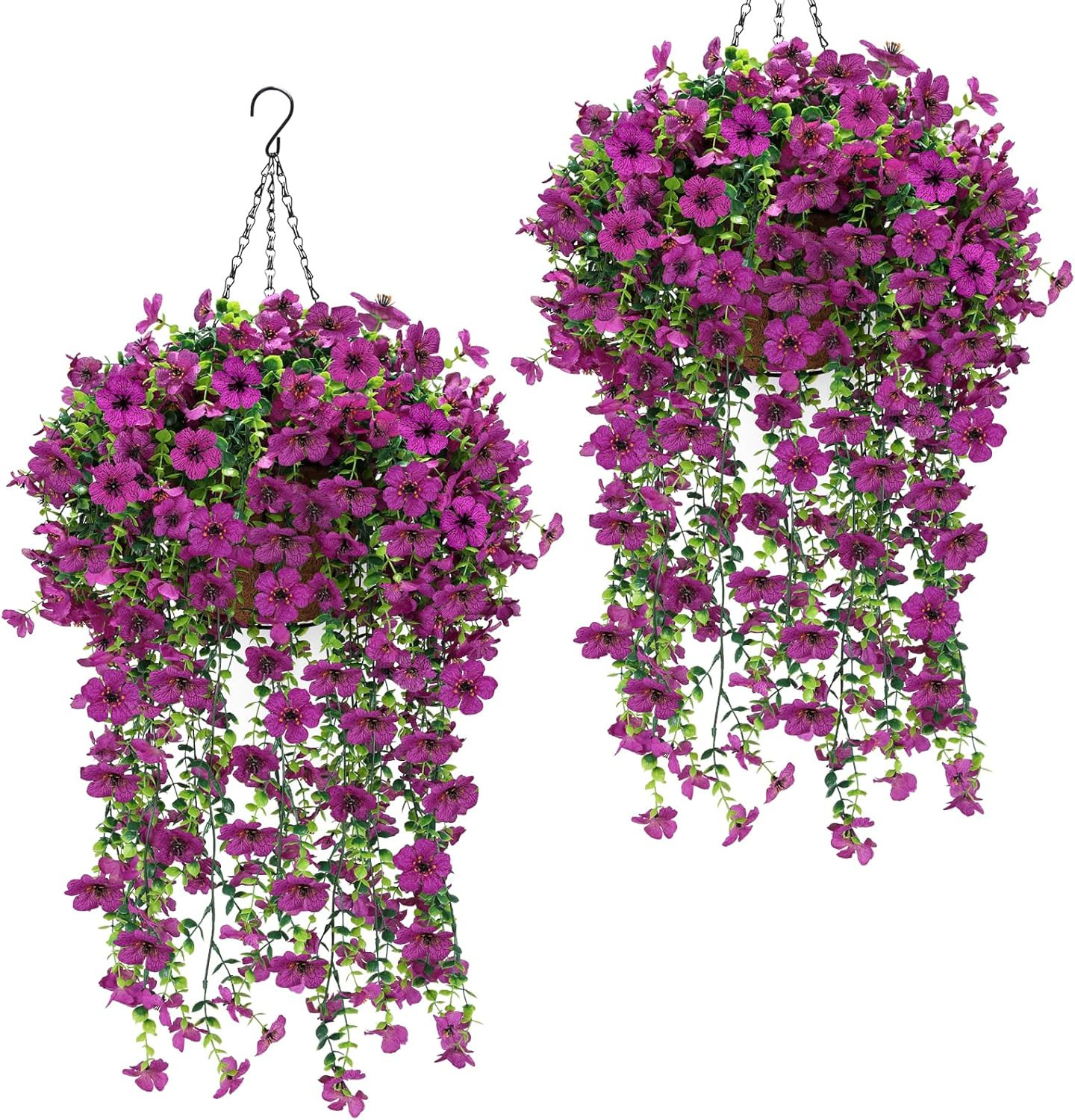 Faux Hanging Violet Flower Baskets with Eucalyptus for Outdoor Decor – 2 Set