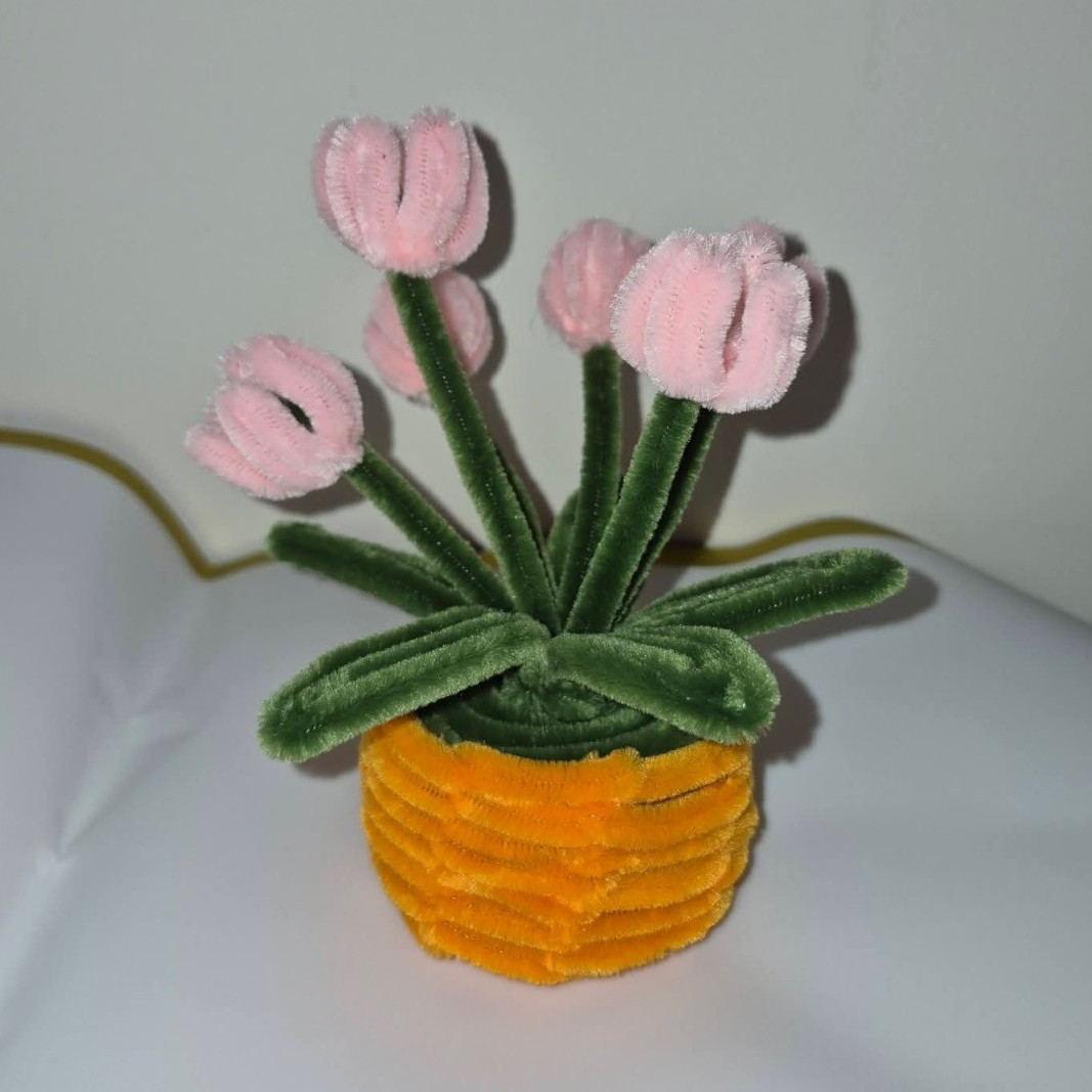Artificial Pink Tulip Potted Arrangement Centerpiece, Orange Pot