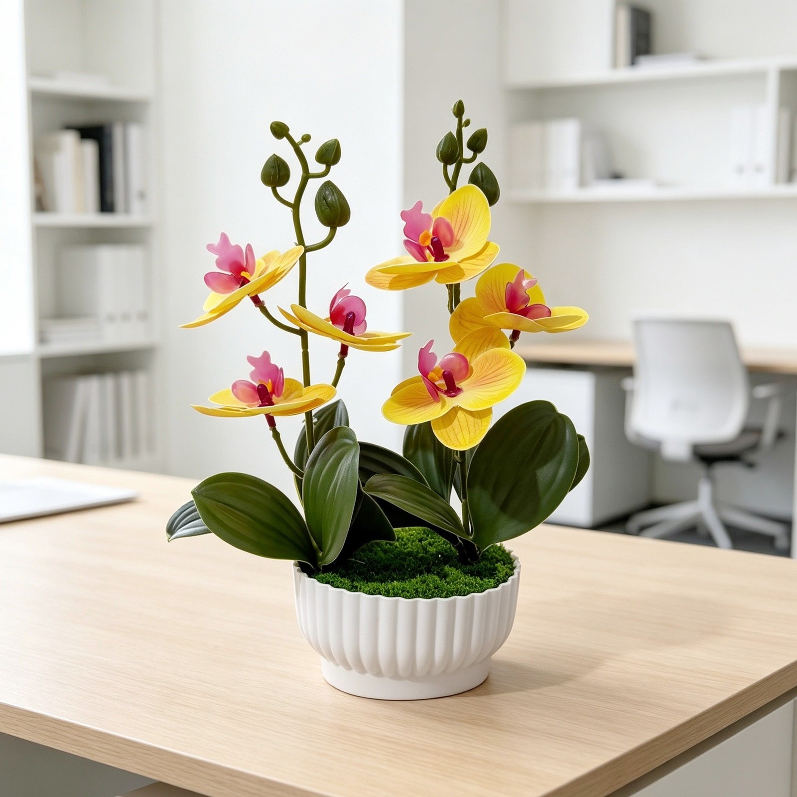 Imitation Orchid Plant with 6 Blooms 6 Leaves in Pot 26cm Indoor Decor