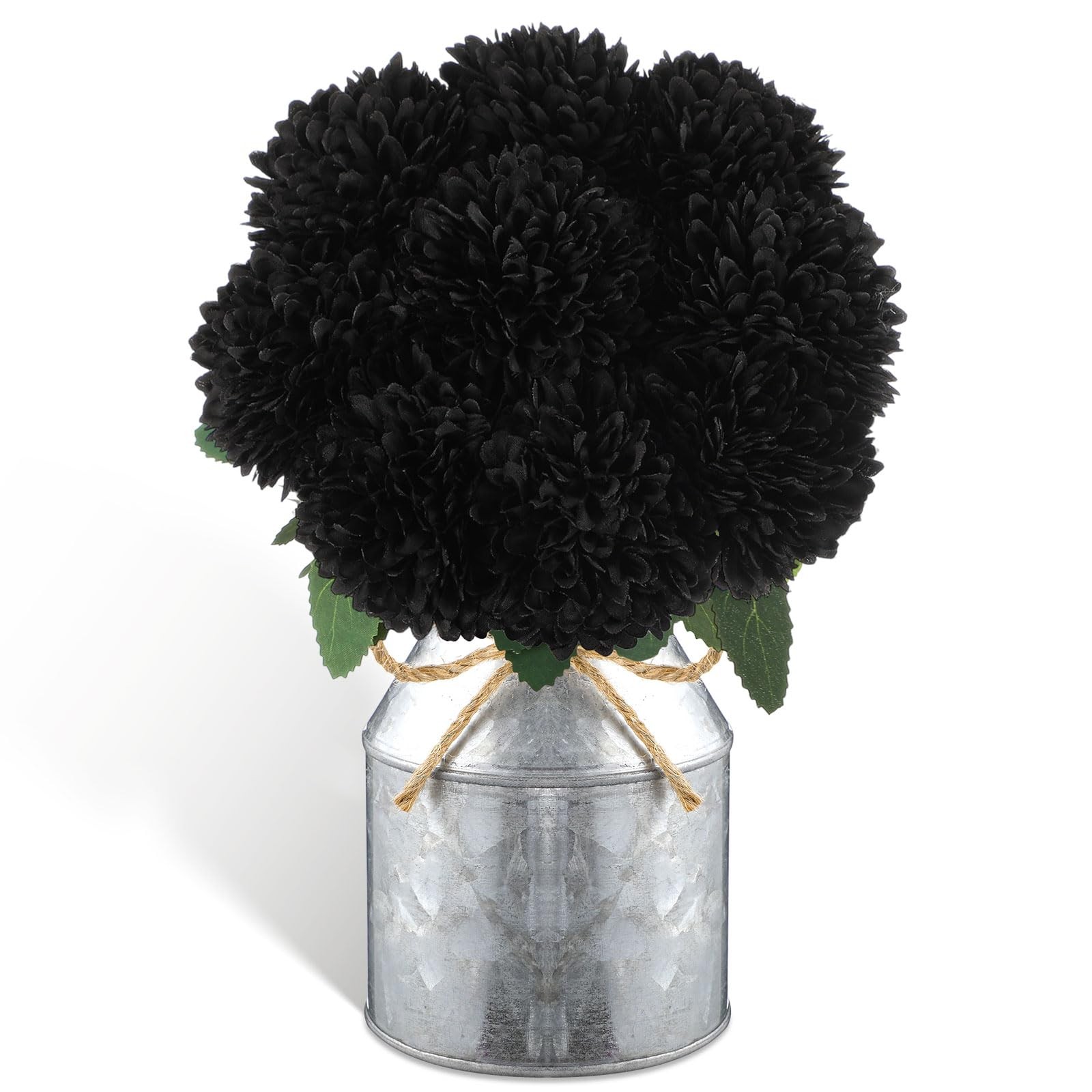 9 PCS Artificial Marigold Silk Flowers Metal Pot Day of The Dead Decor Black