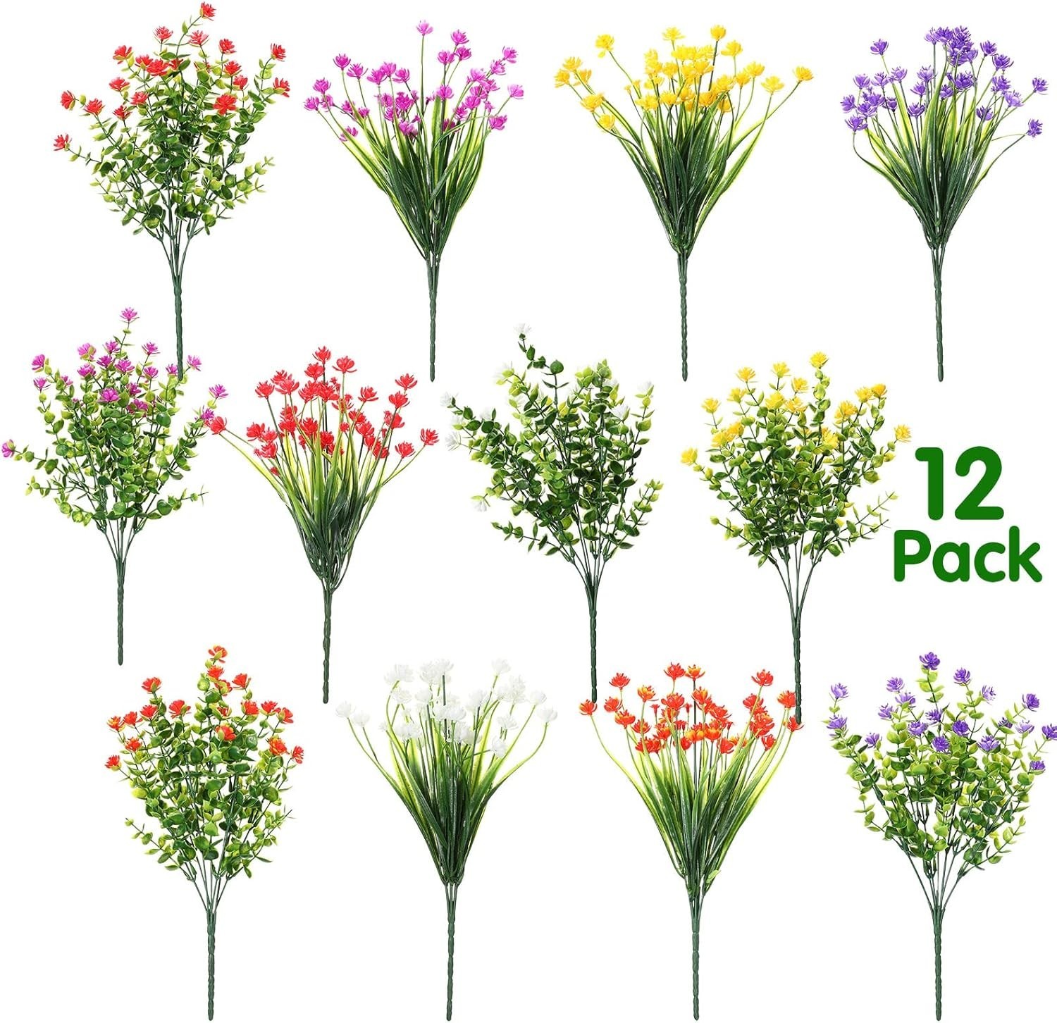 Vibrant 12 Bundles Faux Plants – Lifelike UV Resistant Floral Decor for Indoors