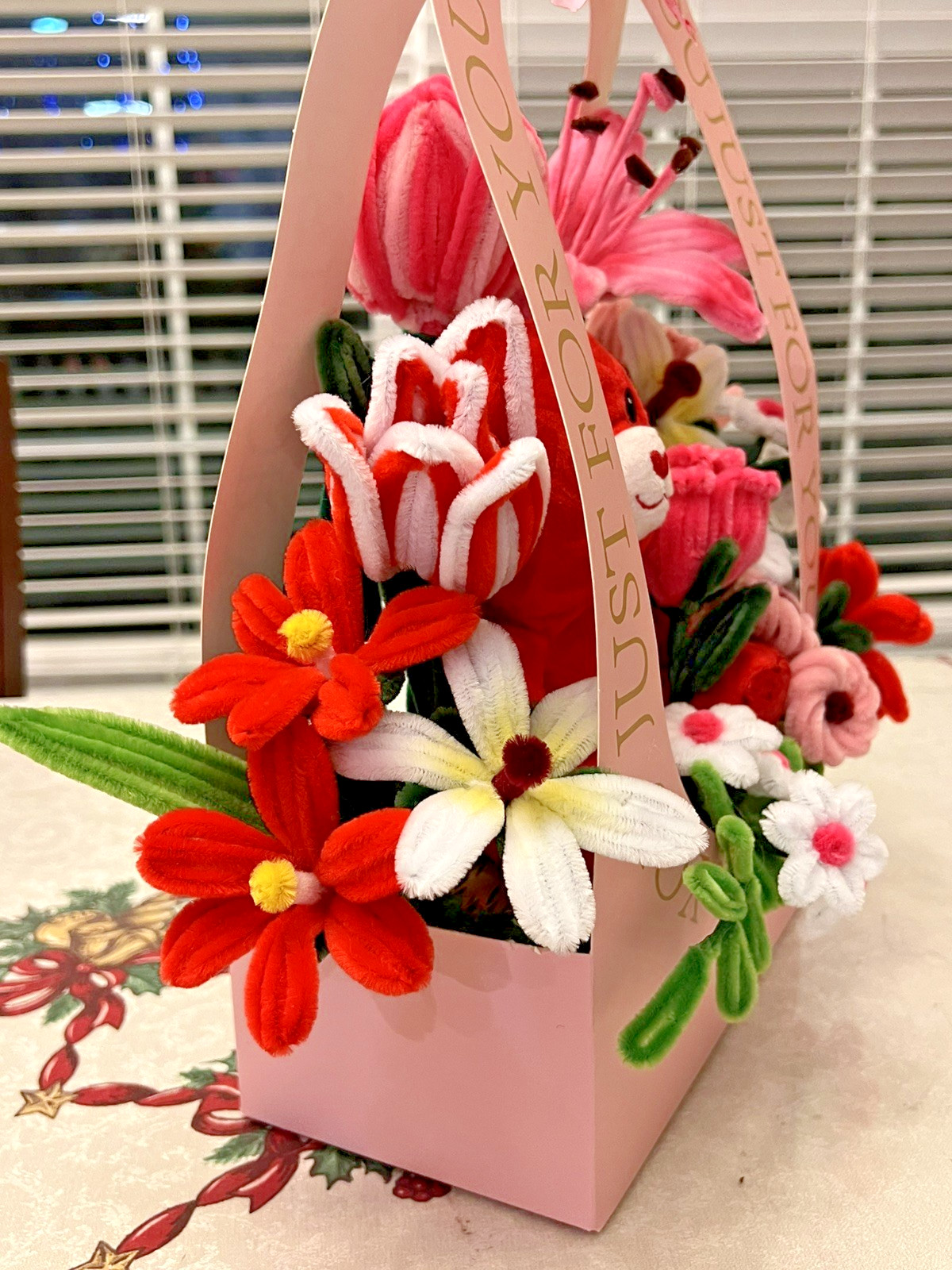 handmade flower bouquet from fuzzy wire for Valentines