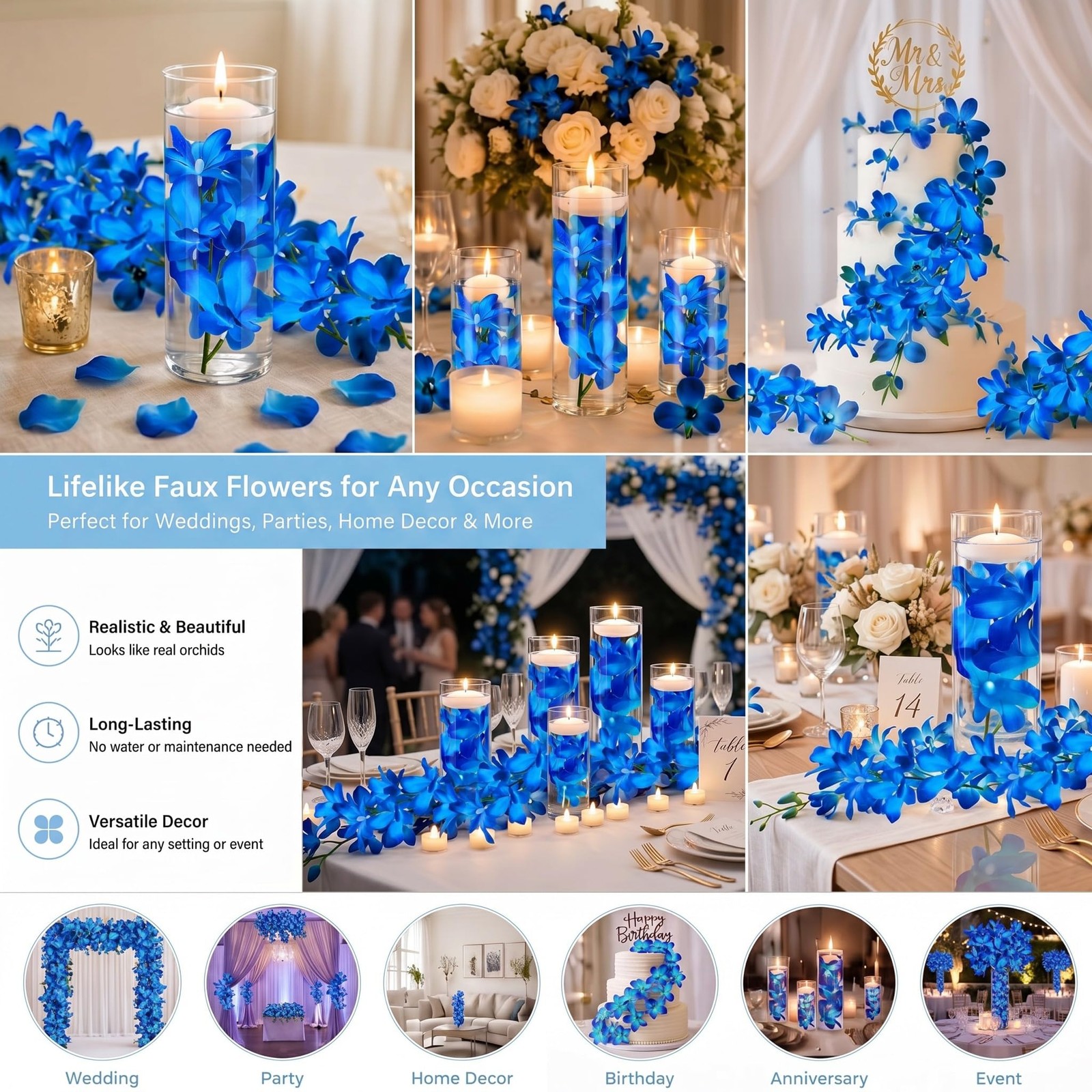 24 PCS Orchid Faux Flowers Floating Candles Centerpiece Vase Sky Blue New