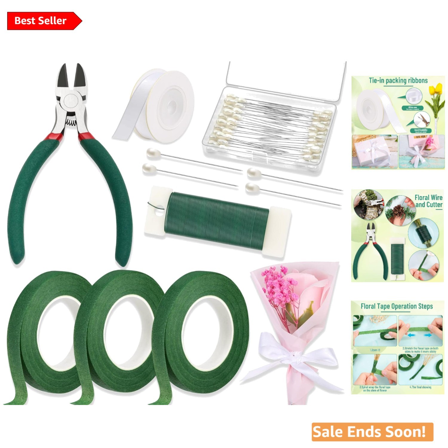 Floral Arrangement Kit with Green Wire Floral Tapes White Ribbon and Pins for…