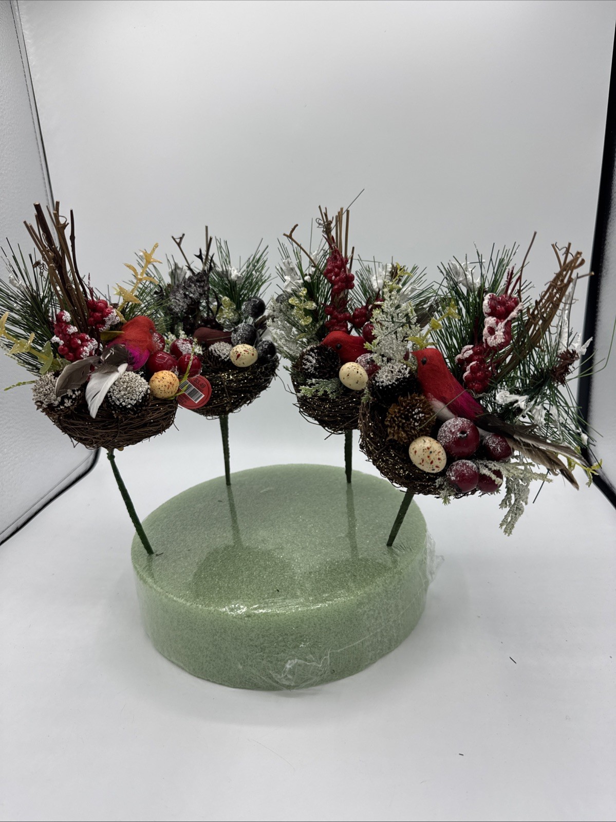 4 Vintage Cardinal Nest Faux Stems Stick Pinecone Berries Egg 9” Snow
