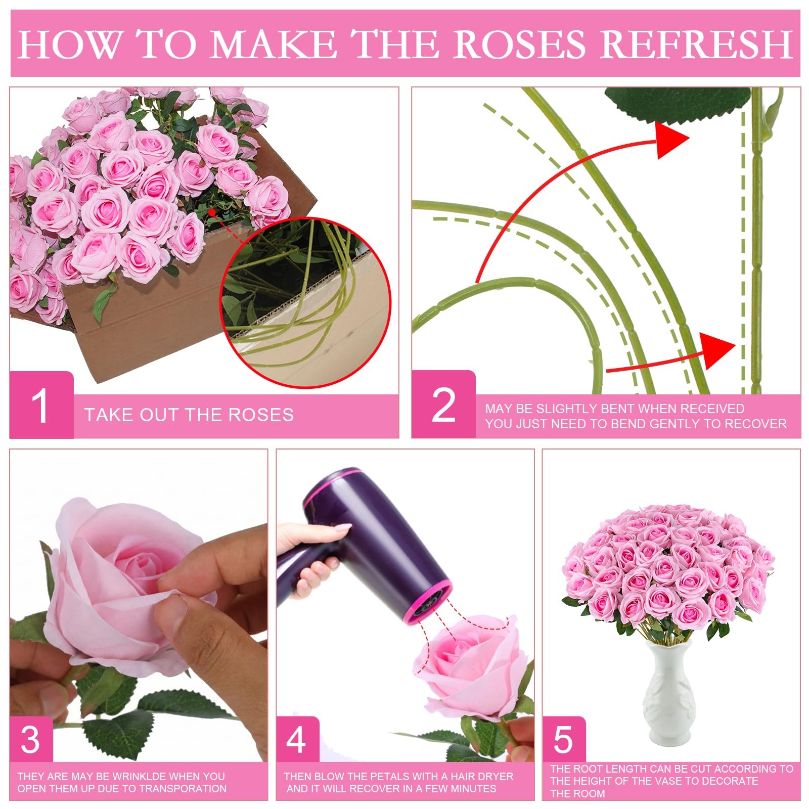 50 PCS Pink Artificial Roses Bulk Fake Silk Flowers For Wedding Centerpieces