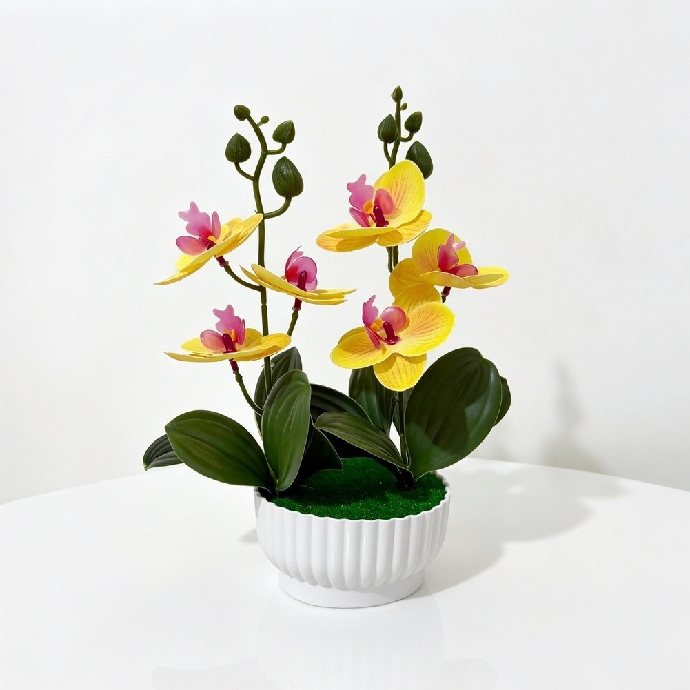 Imitation Orchid Plant with 6 Blooms 6 Leaves in Pot 26cm Indoor Decor