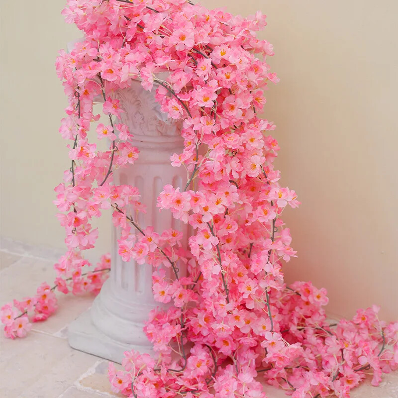 8Pcs 1.8M Artificial Cherry Blossom Flower Vines Faux Flowers Hanging Decor New