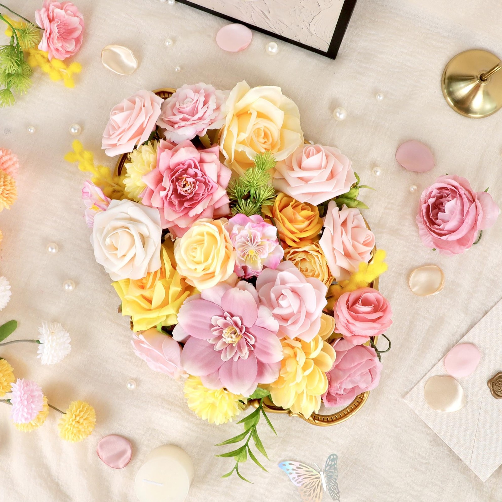 Pink Yellow Artificial Rose Silk Flowers Centerpieces Bridal Bouquet Baby Shower