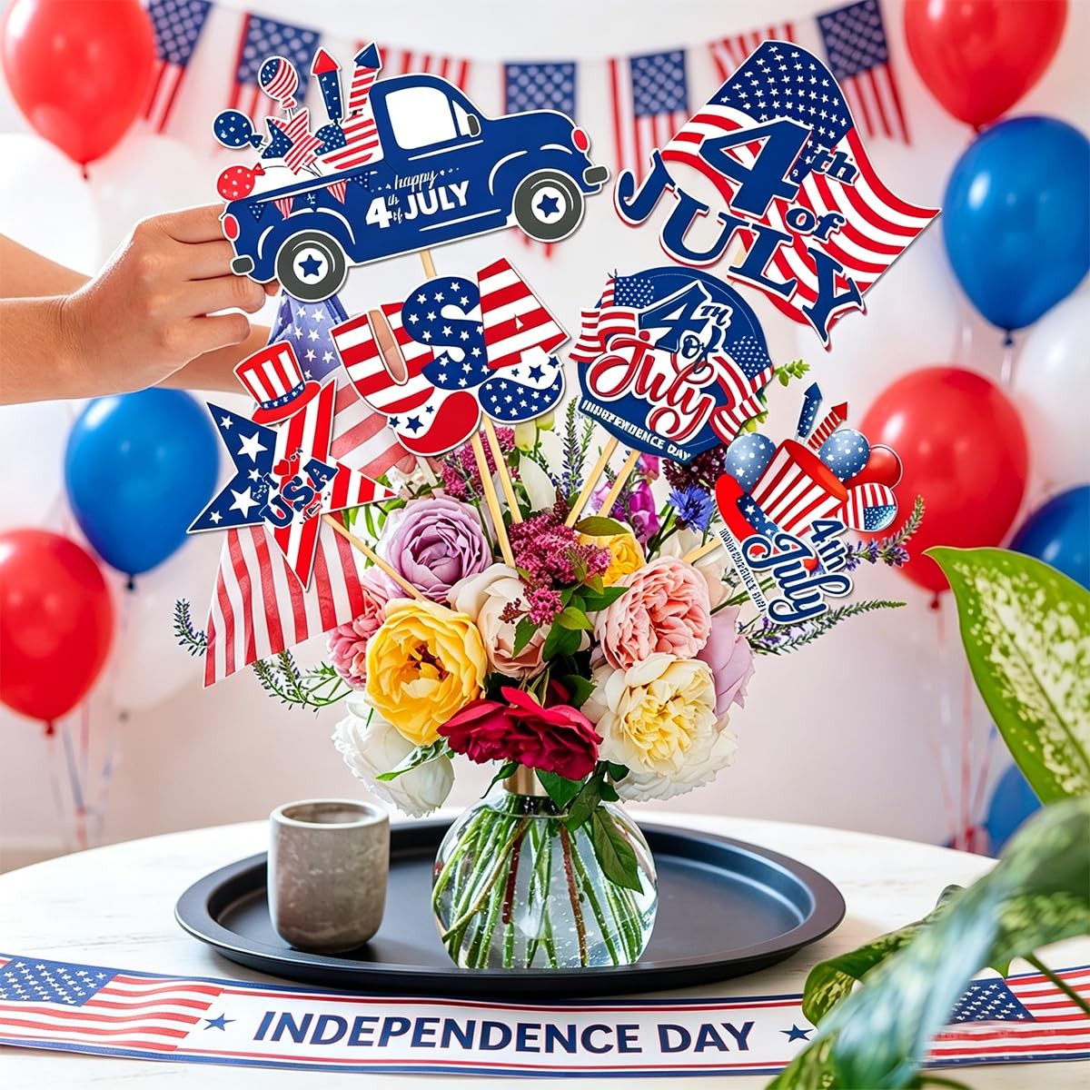 12 Pcs 4th of July Centerpiece Sticks Floral Picks Red White Blue American Flag