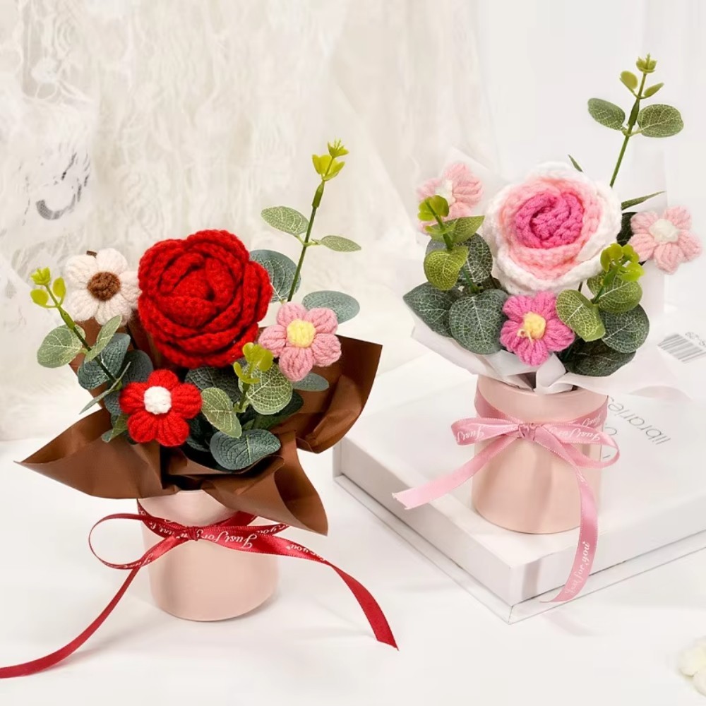 Handmade Crochet Flower Bouquet – Valentine’s Gift for Her, Artificial Roses US