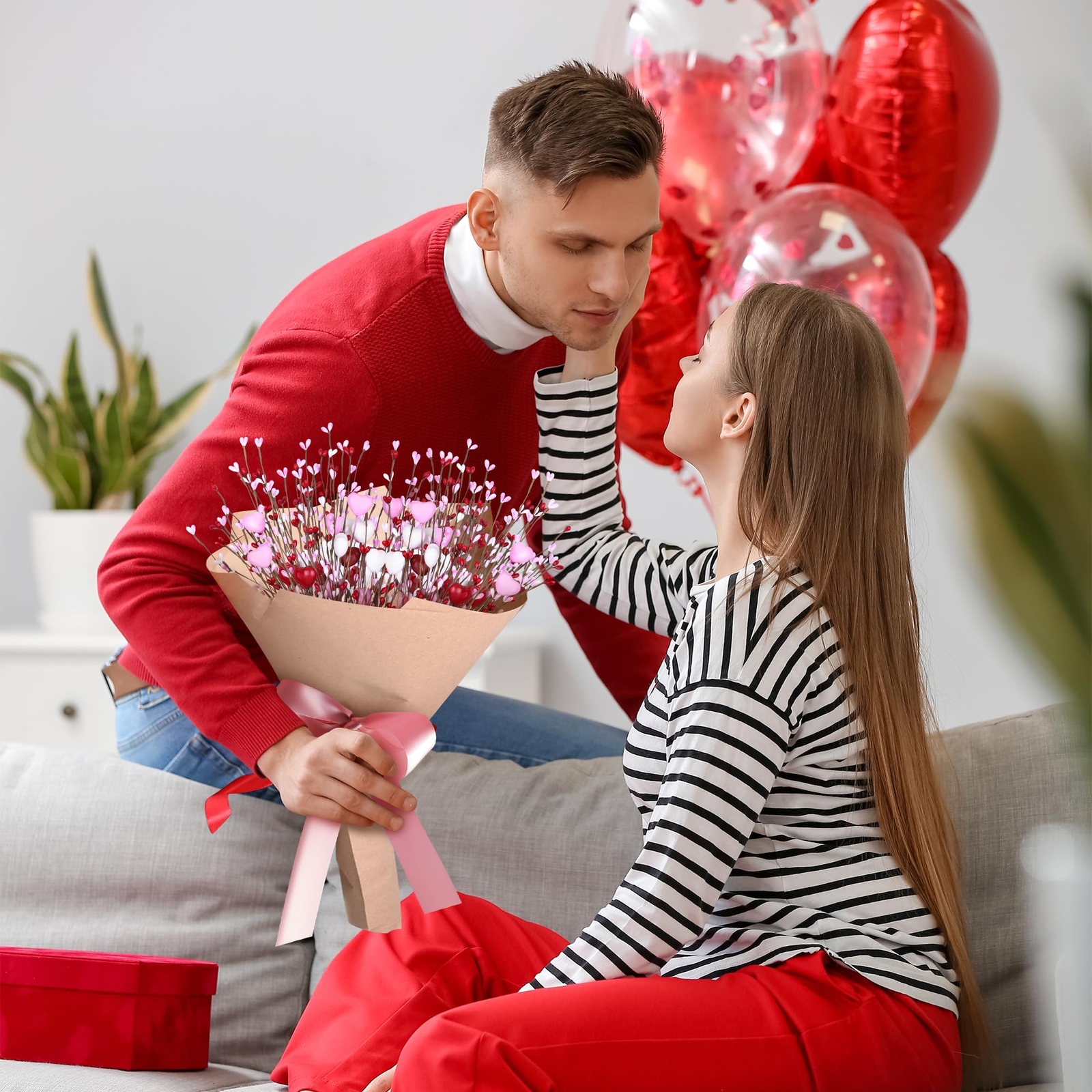 Valentines Decorations Artificial Hearts Flowers Berry Stems Gifts 6 Packs Red P