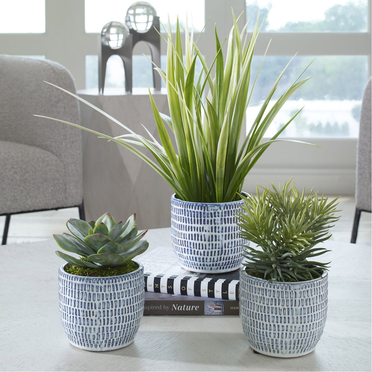 Uttermost 60192 Puebla Blue and White Ceramic Greenery Planters, Set of 3
