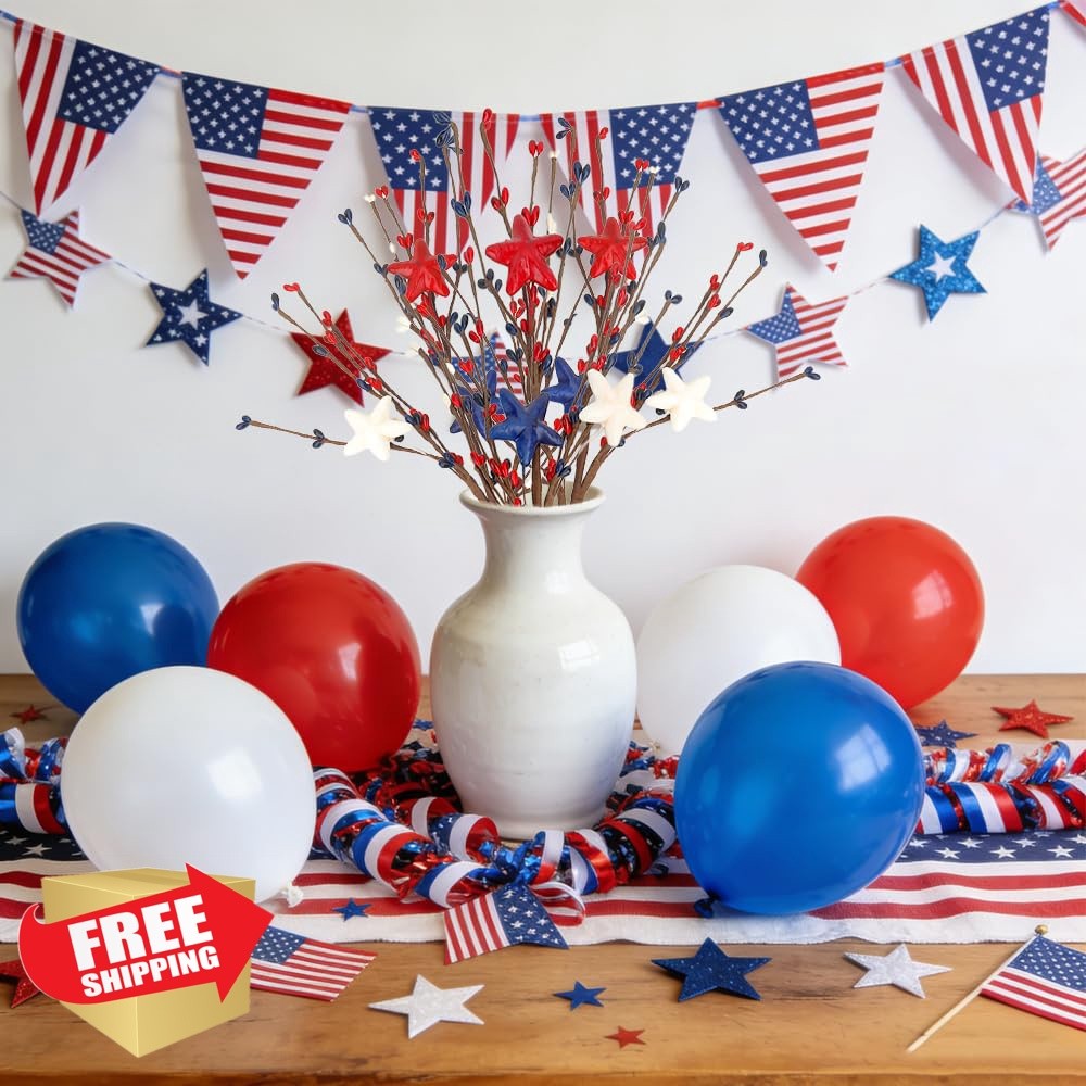 iRFKCIOW Patriotic Floral Picks Red Blue White Stars