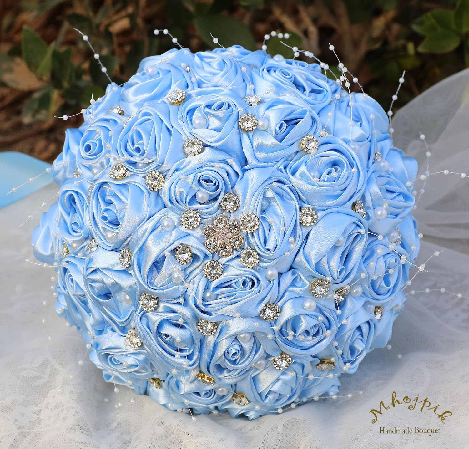 Light Blue Round Bling Brooch Toss Artificial Bridal Wedding Bouquet 6.3 Inch