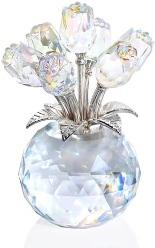 Ornalrist Crystal AB-Color Rose Bouquet Flower with Vase Figurine Decor, Rose…