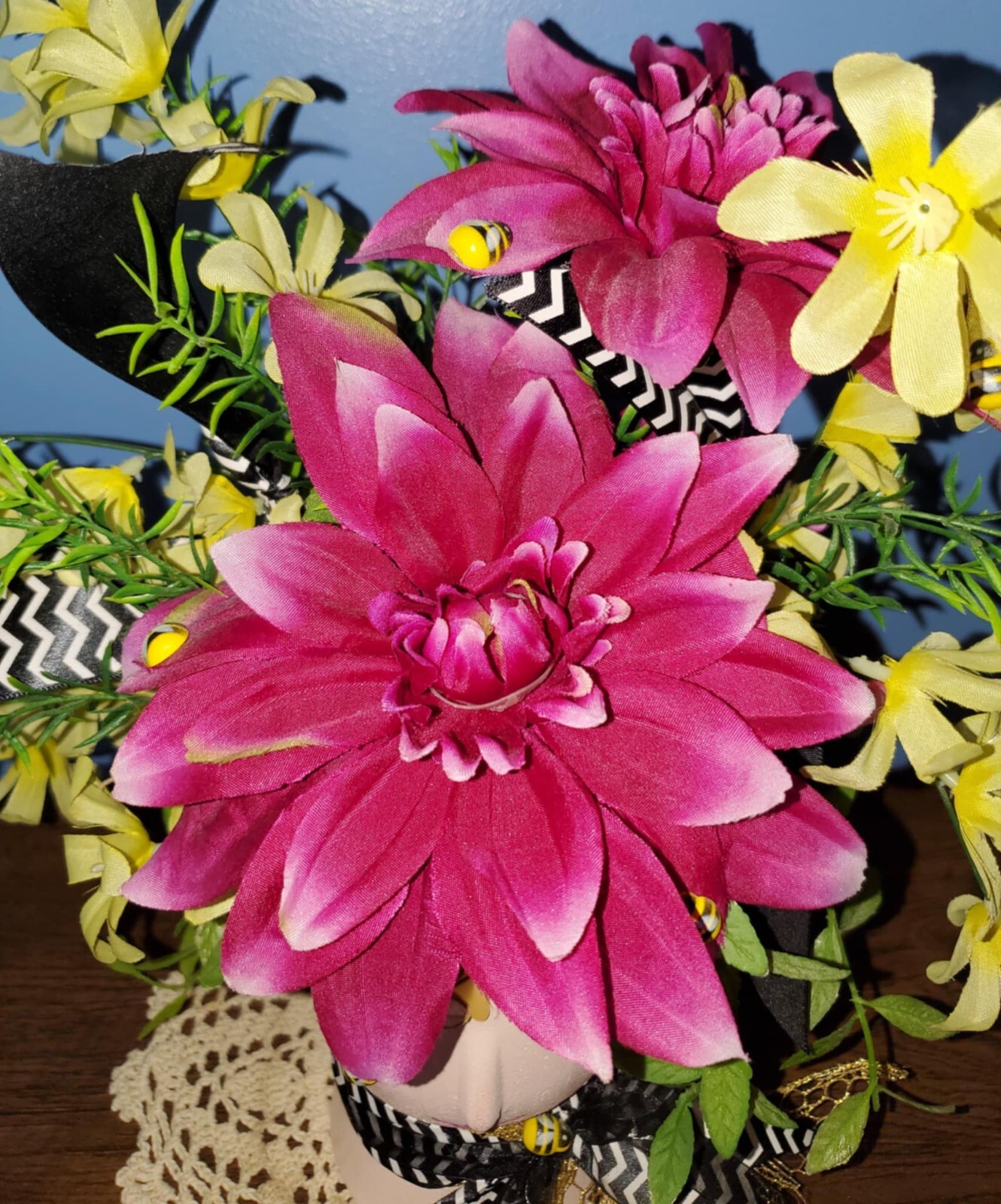 Handmade Floral Arrangement Whimsical Planter Bumble Bee Fushia Yellow Forsythia