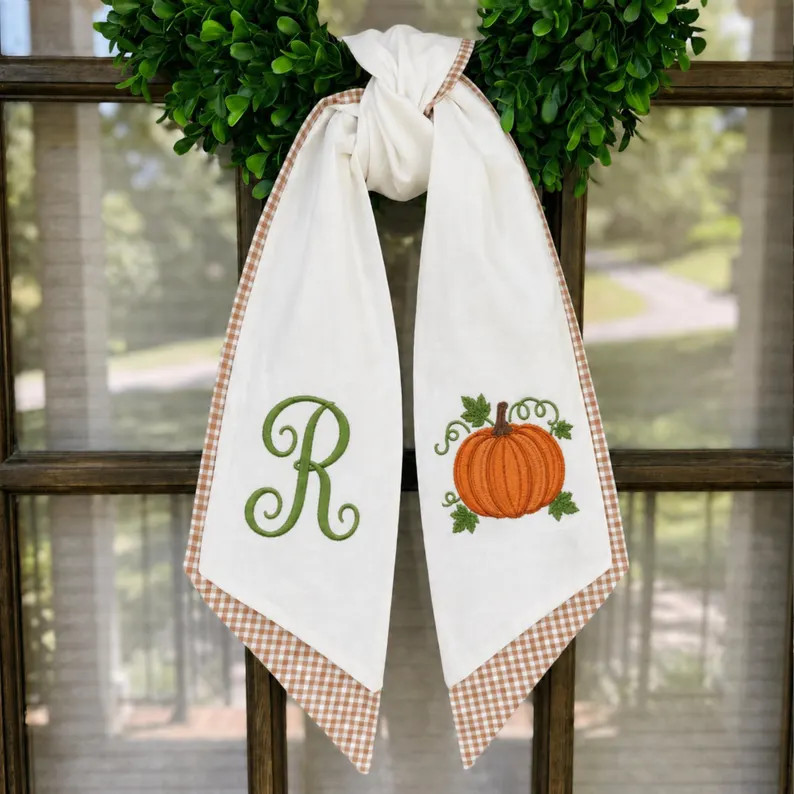 Personalized Embroidered Monogrammed Thanksgiving Fall Wreath Sash Bow Decor