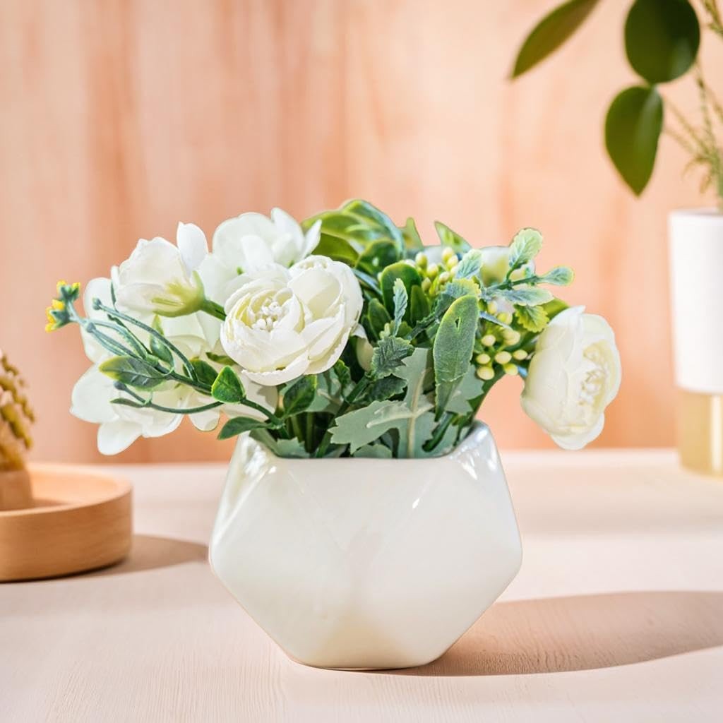 Small Flower Pot White Rose Ceramic Flower Vase with Artificial Flowers Plant
