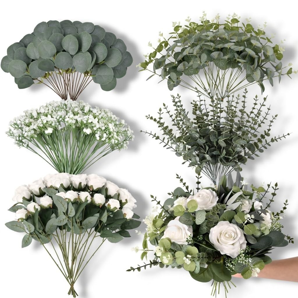 110 Pcs Artificial Eucalyptus Stems and Faux Flowers, 5 Kinds Greenery Stems …