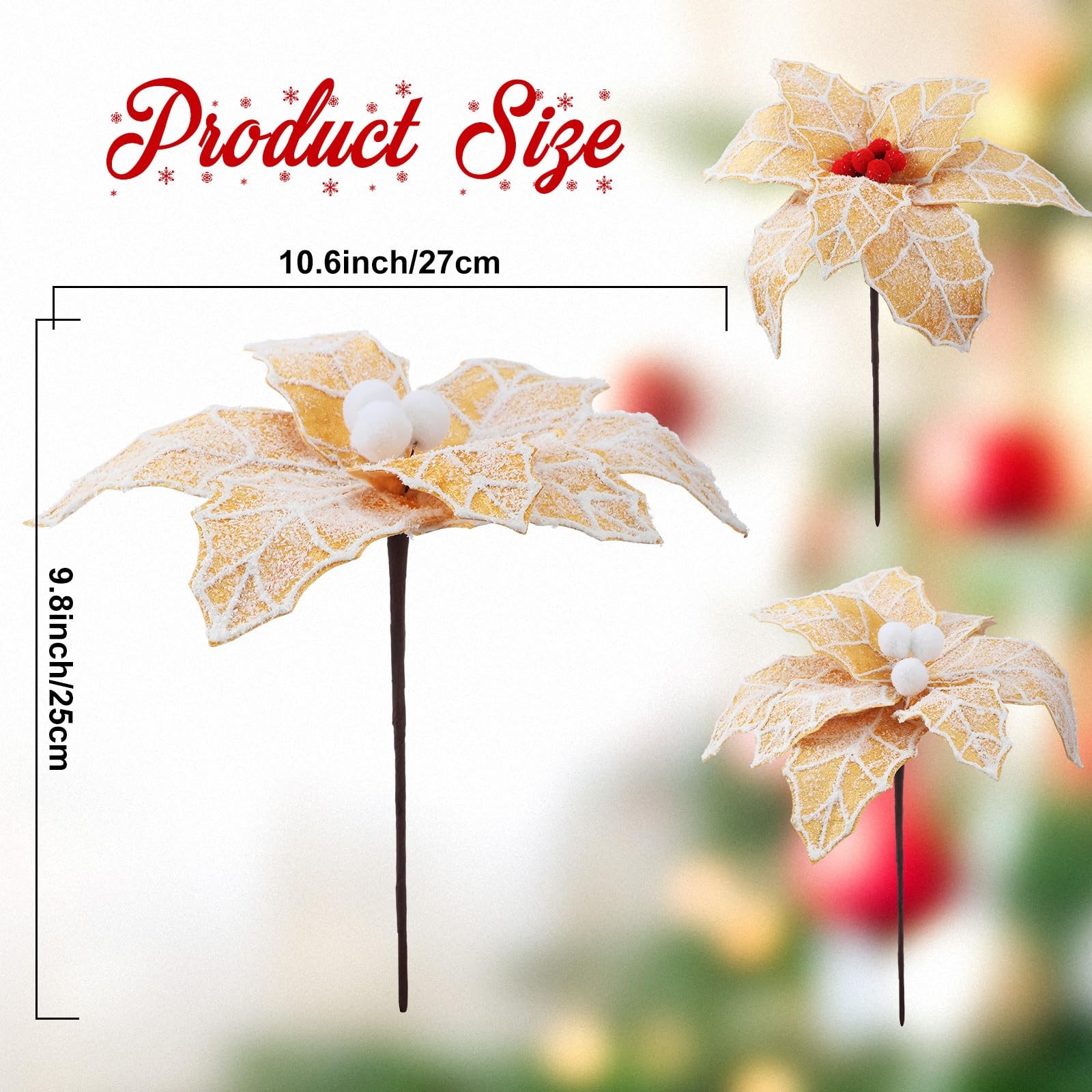 6 PCS 10.6 Inch Large Christmas Gingerbread Poinsettia Flowers Tree Picks Gold