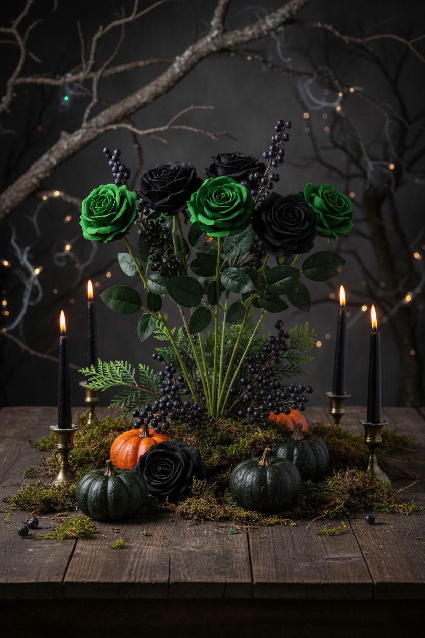 Set of 6 Green Artificial Rose Stems Emerald Green Fake Roses Gothic Wedding Flo