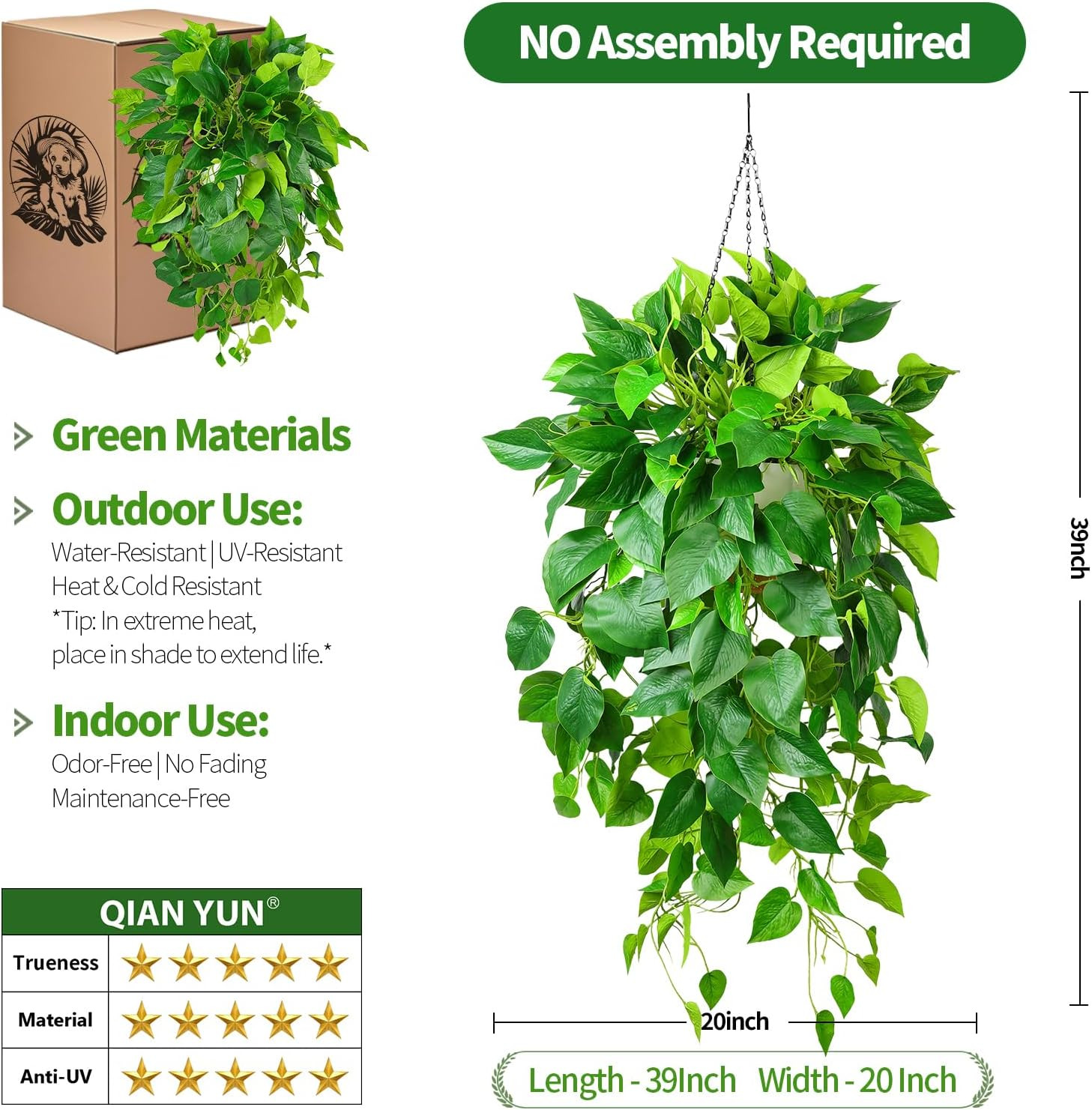 Hanging Plant Artificial Ivy – 40″ Fake Potted Plants with Pot, 2PCS Trailing Gr