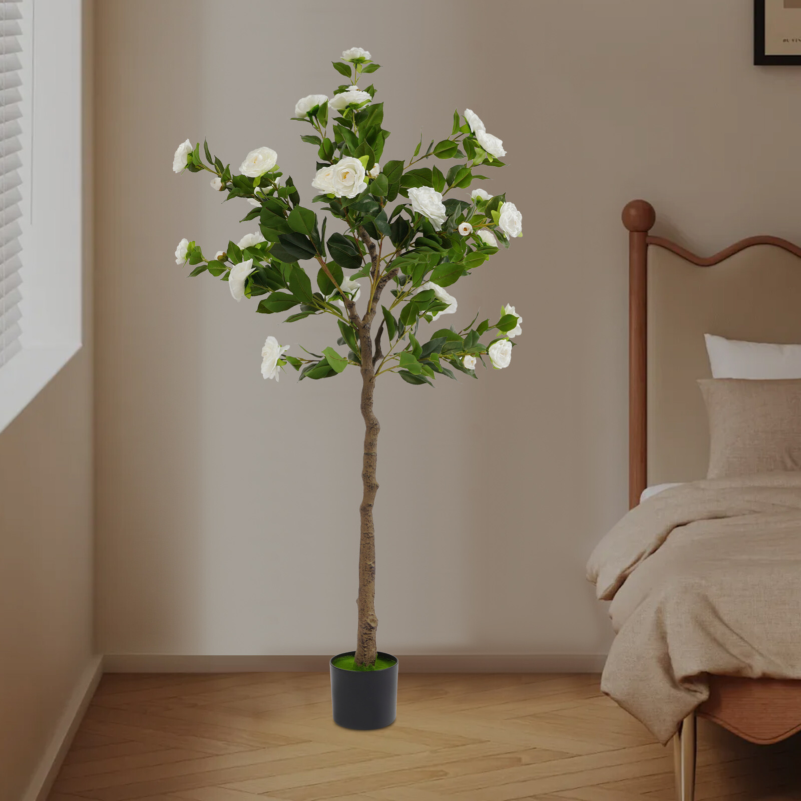 150CM Camellia Plant in Pot with White Flowers White Artificial Camellia Trees